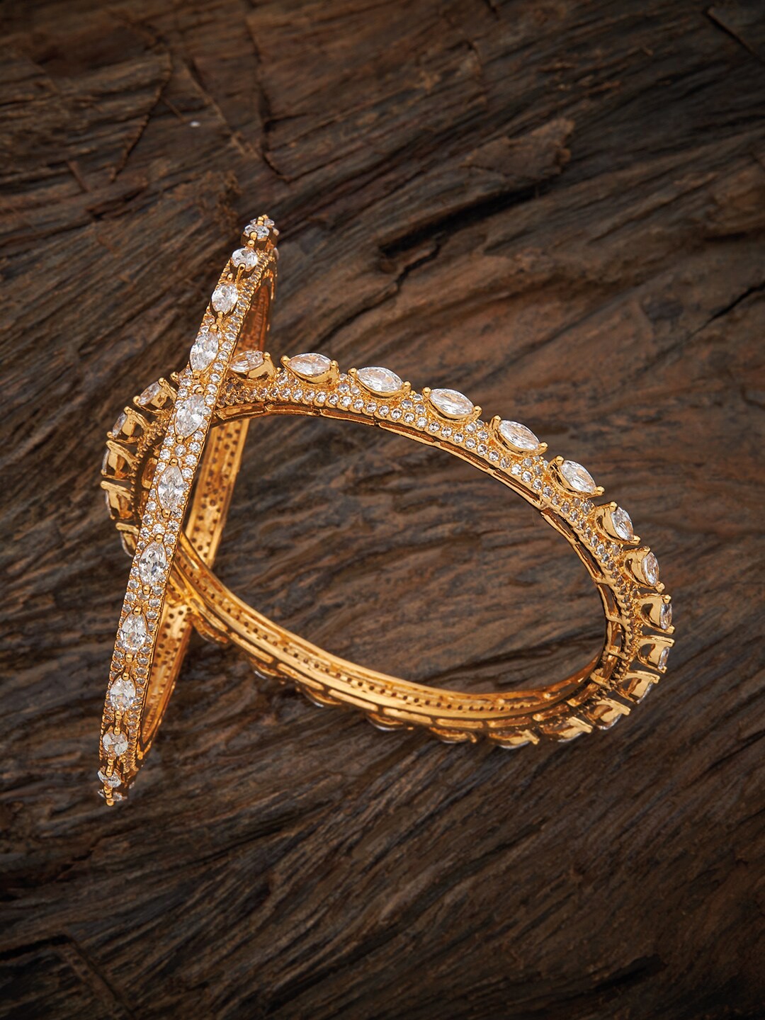 

Kushal's Fashion Jewellery Set Of 2 Gold Plated White Sparkling CZ Studded Bangles