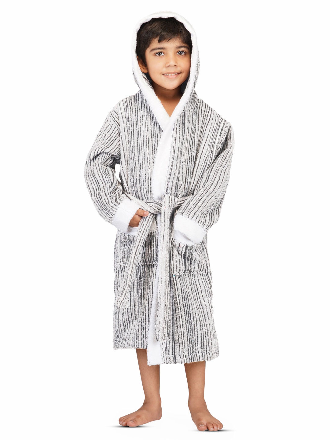 

RANGOLI Kids Grey & White Striped Cotton 400 GSM Bath Robe