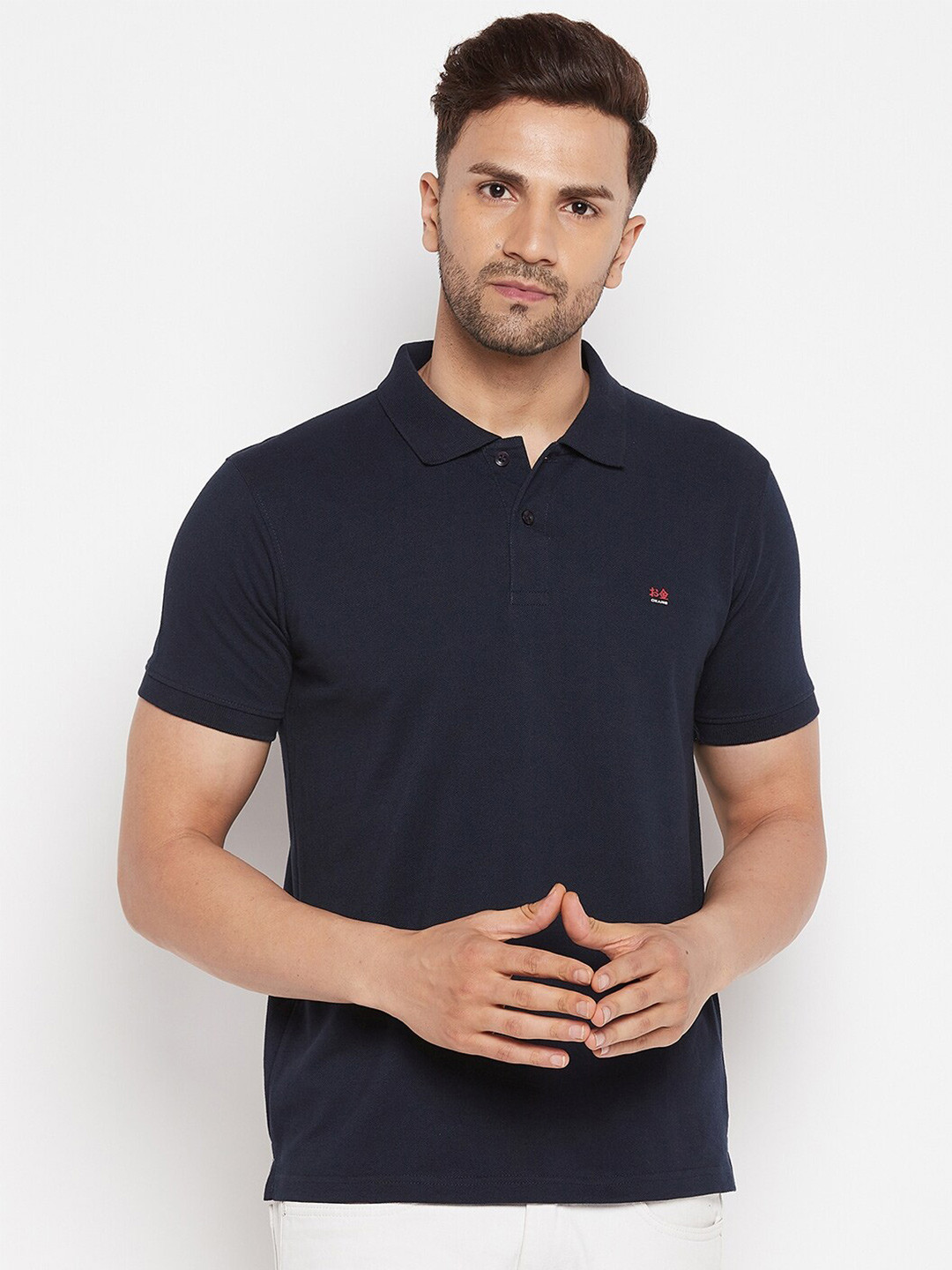 

Okane Men Navy Blue Polo Collar T-shirt