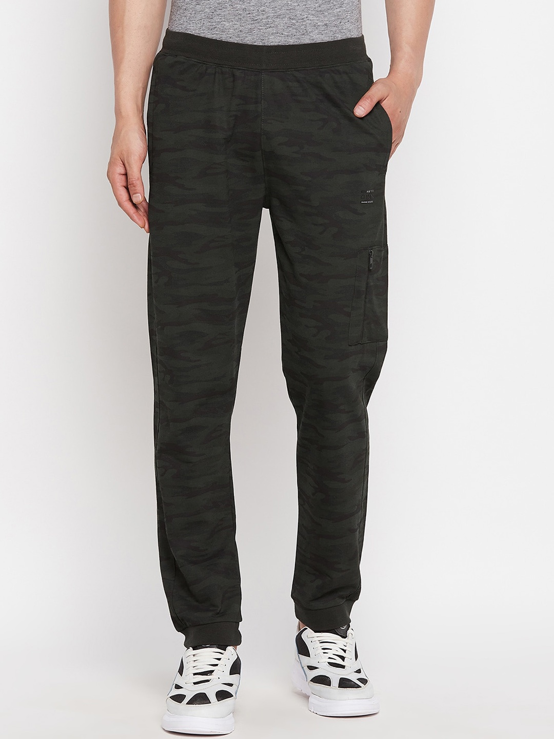 

Okane Men Olive Green & Black Camouflage Printed Track Pants