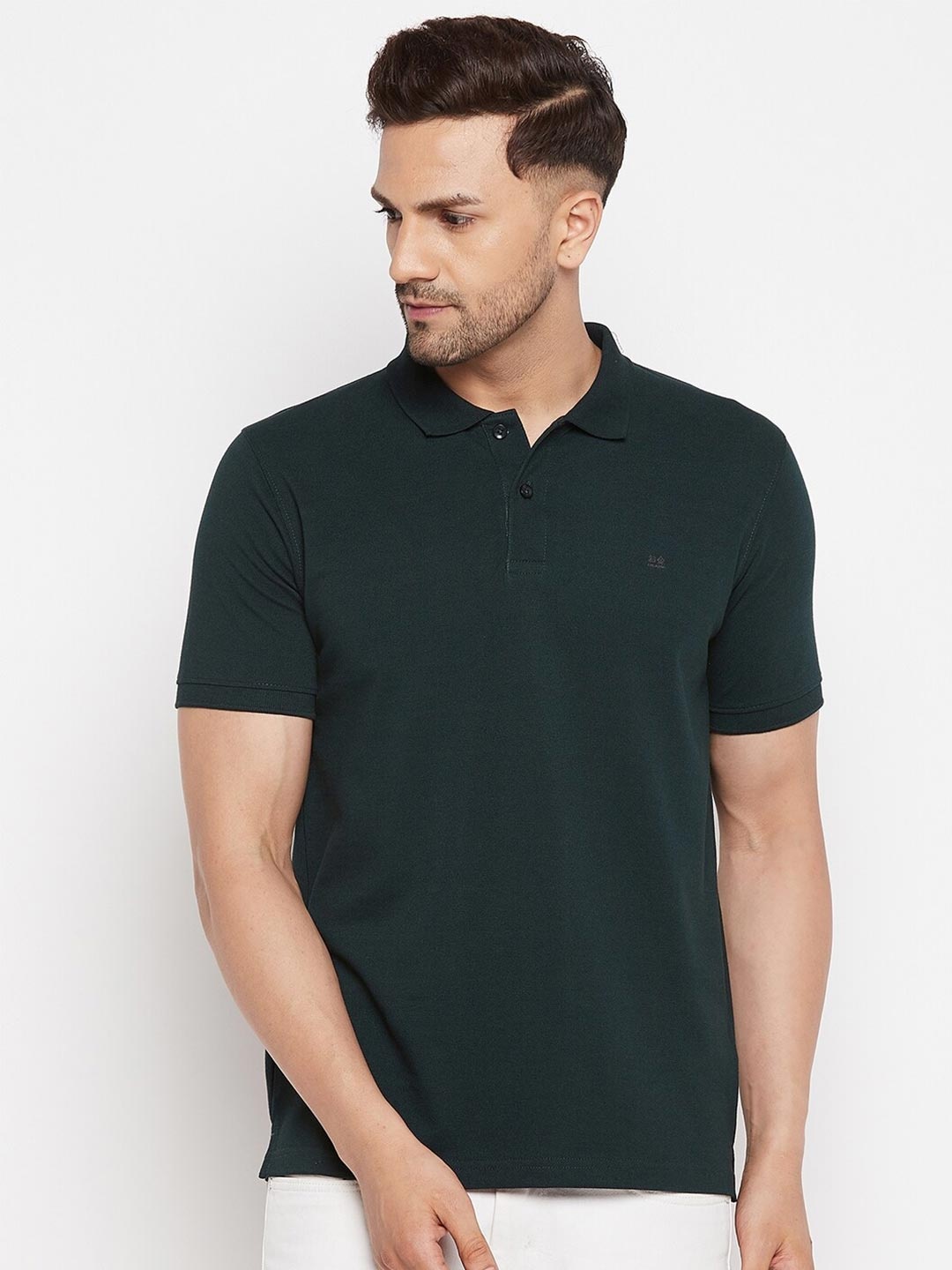 

Okane Men Green Polo Collar Applique T-shirt