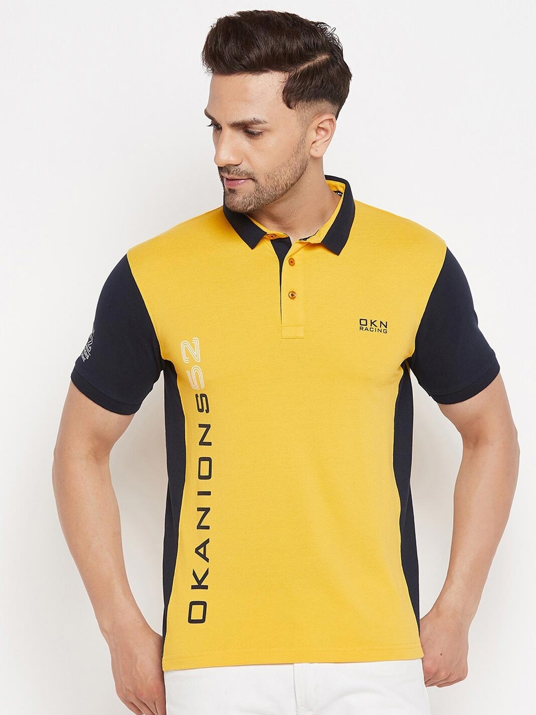 

Okane Men Yellow Typography Polo Collar Applique T-shirt