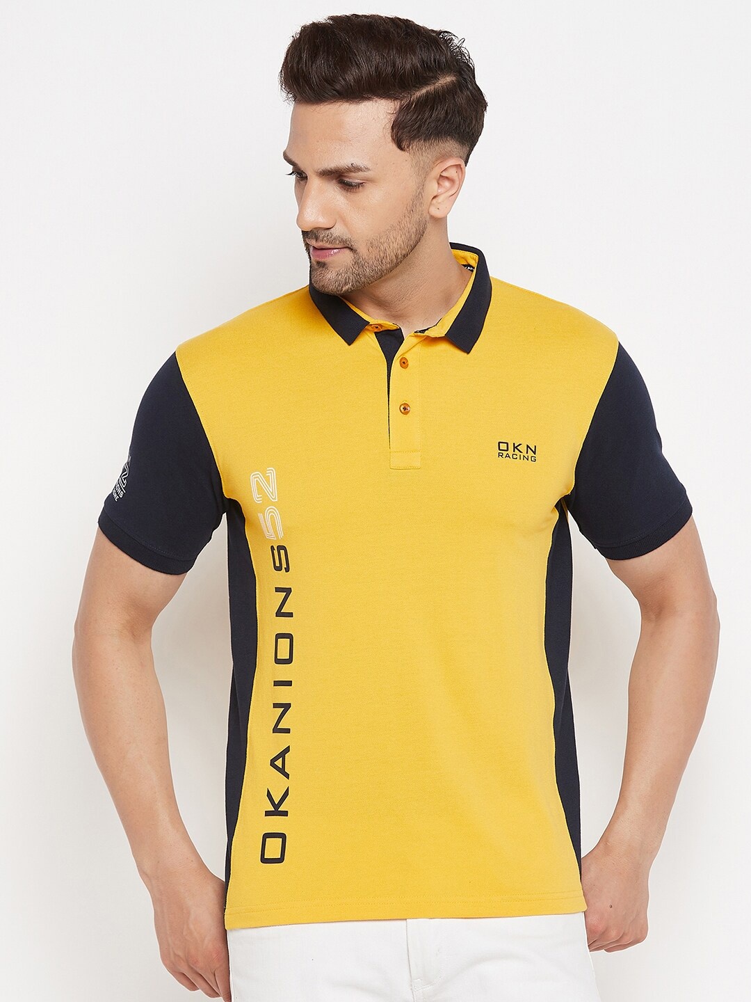 

Okane Men Yellow Typography Polo Collar Applique T-shirt