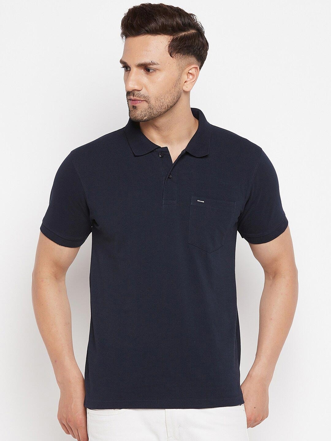 

Okane Men Navy Blue Polo Collar T-shirt