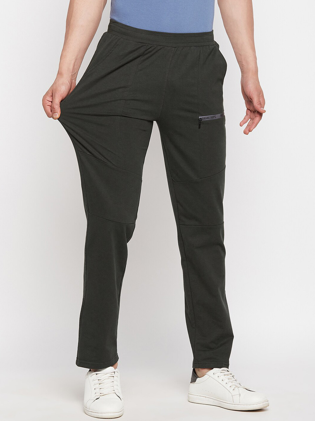

Okane Men Dark Olive Green Solid Track Pants