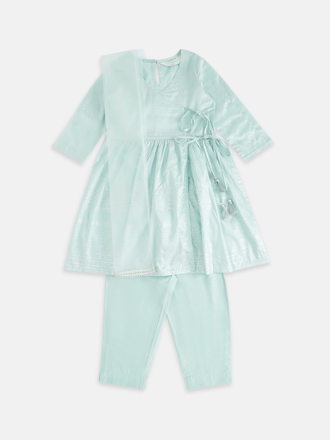 

AKKRITI BY PANTALOONS Girls Turquoise Blue Pleated Kurti with Pyjamas