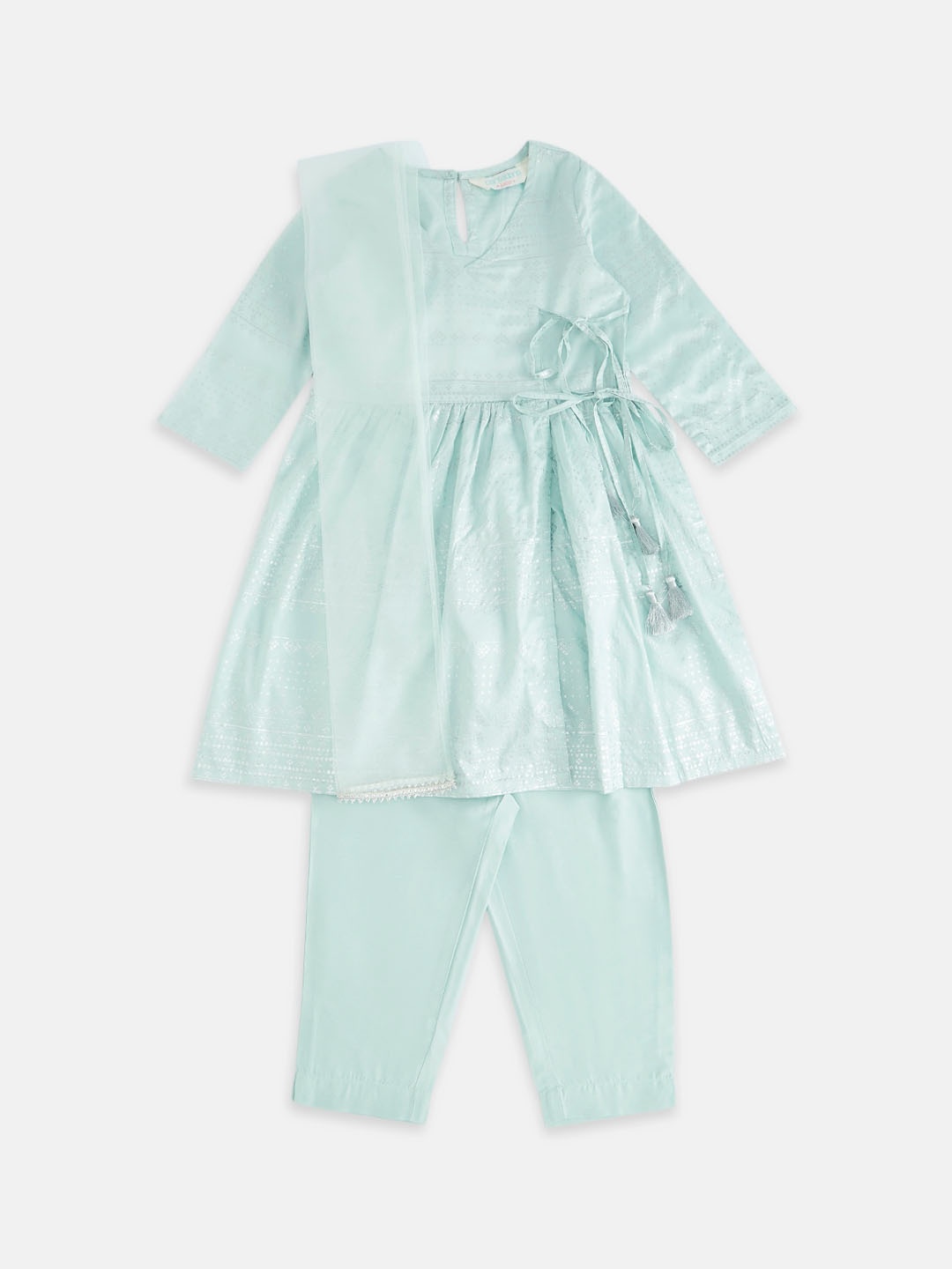 

AKKRITI BY PANTALOONS Girls Turquoise Blue Pleated Kurti with Pyjamas