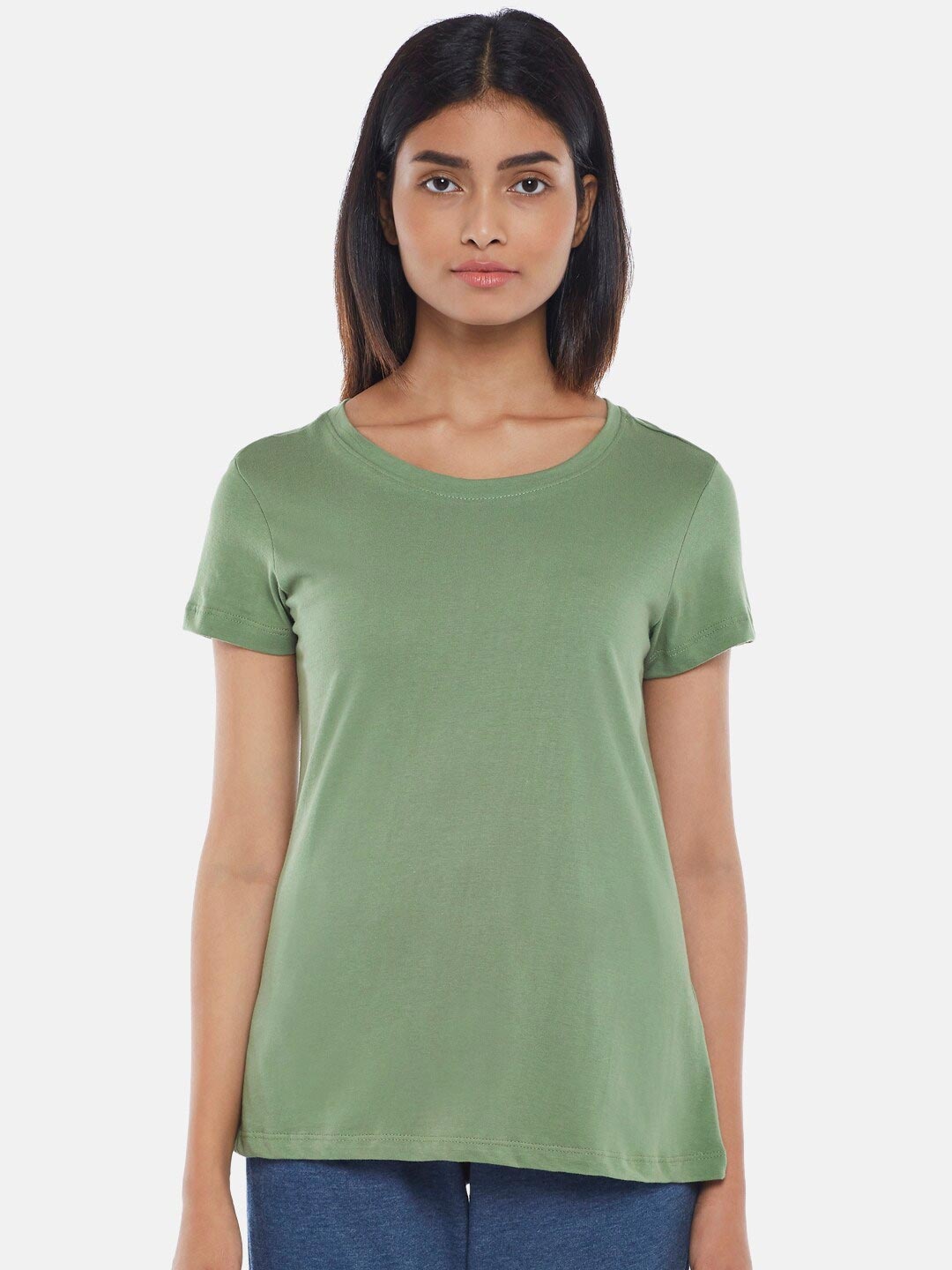 

Dreamz by Pantaloons Women Olive Green Solid Pure Cotton Lounge T-shirt