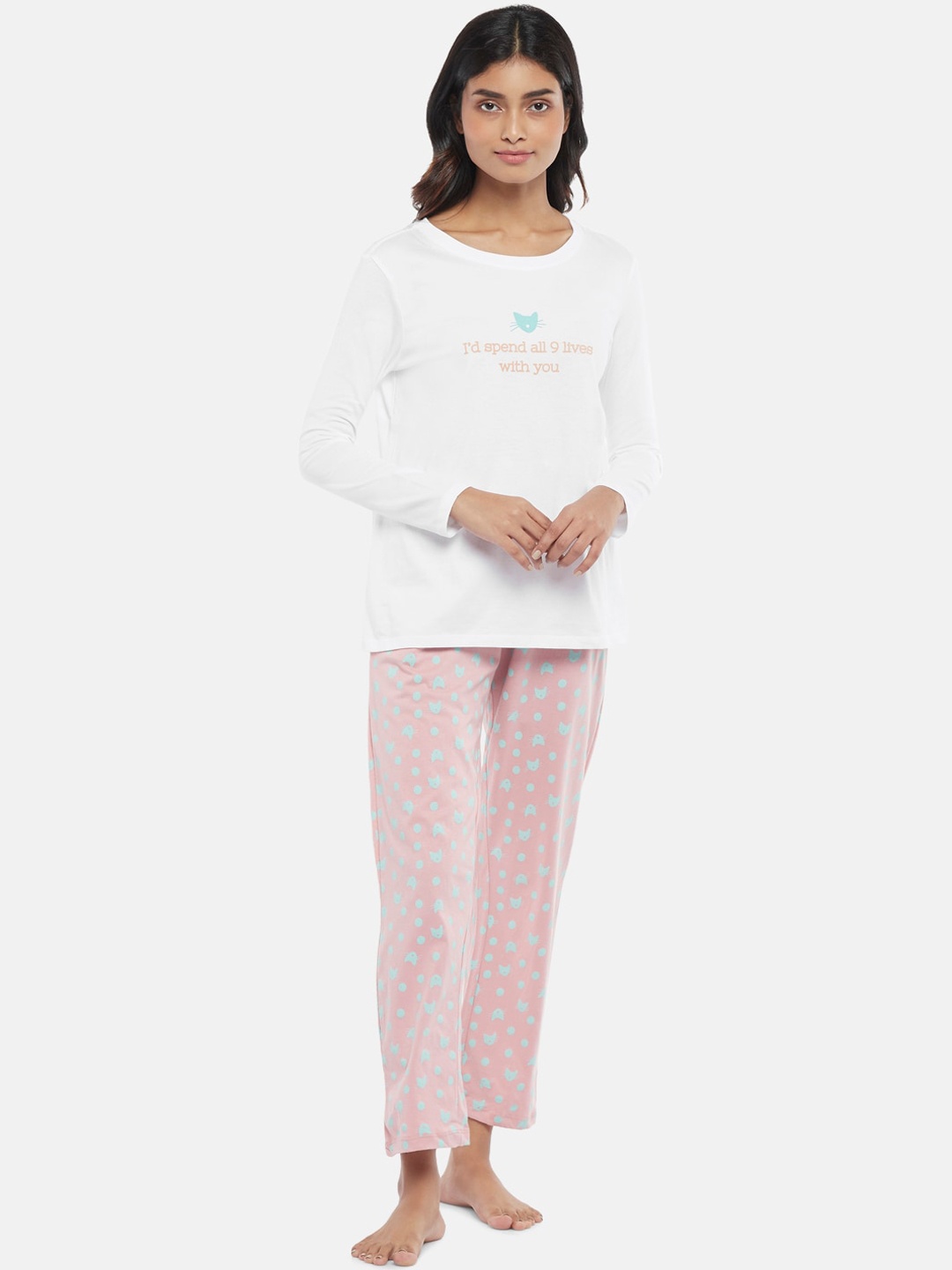 

Dreamz by Pantaloons Women Cream-Coloured & Pink Printed Night suit