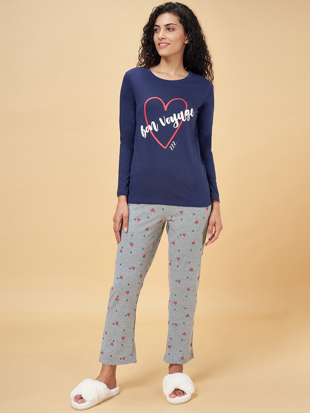 

Dreamz by Pantaloons Women Navy Blue & Grey Printed Cotton Night suit