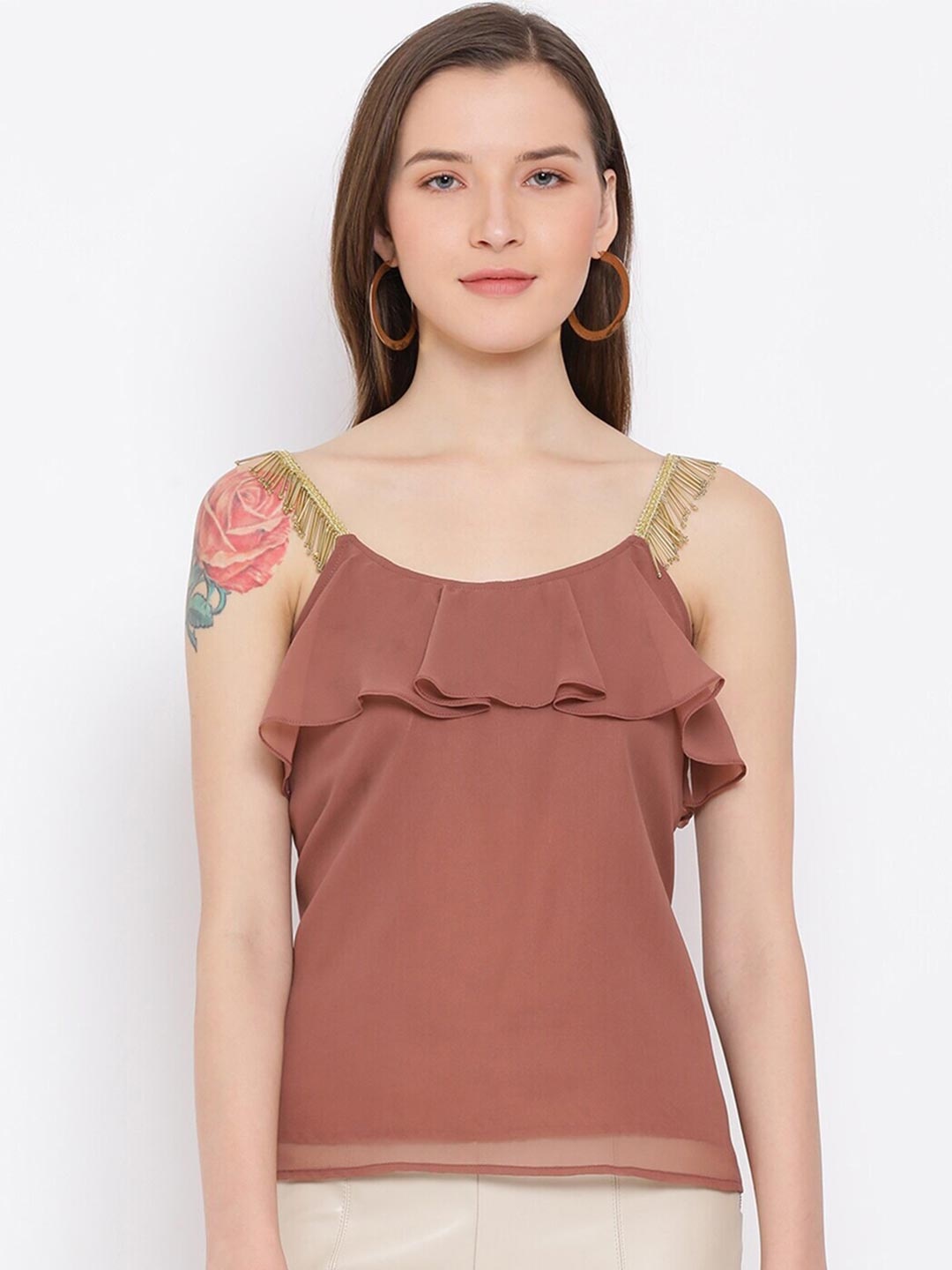

DRAAX Fashions Brown Embellished Ruffles Tank Top