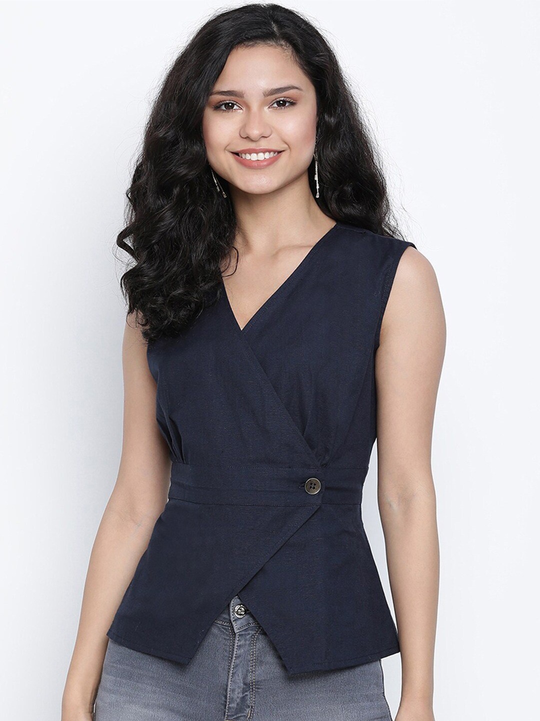 

DRAAX Fashions Navy Blue Wrap Top