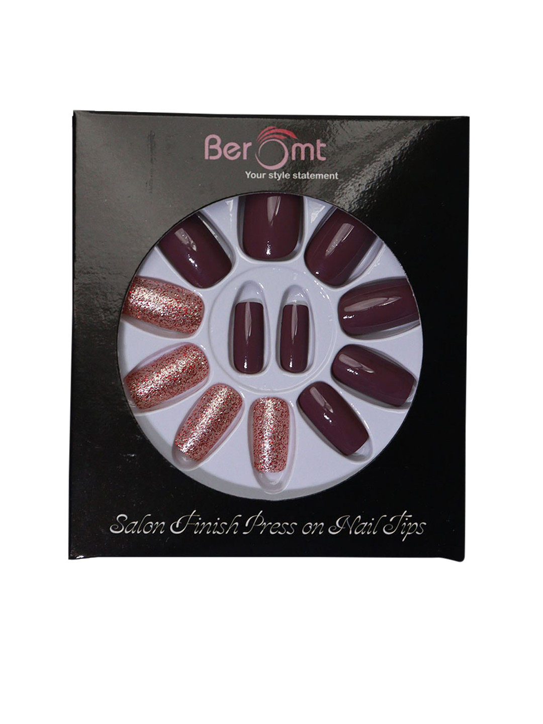 

BEROMT 12 Pcs Long-Lasting Reusable Lightweight Salon Finish Press on Nail Tips- Shade 737, Maroon