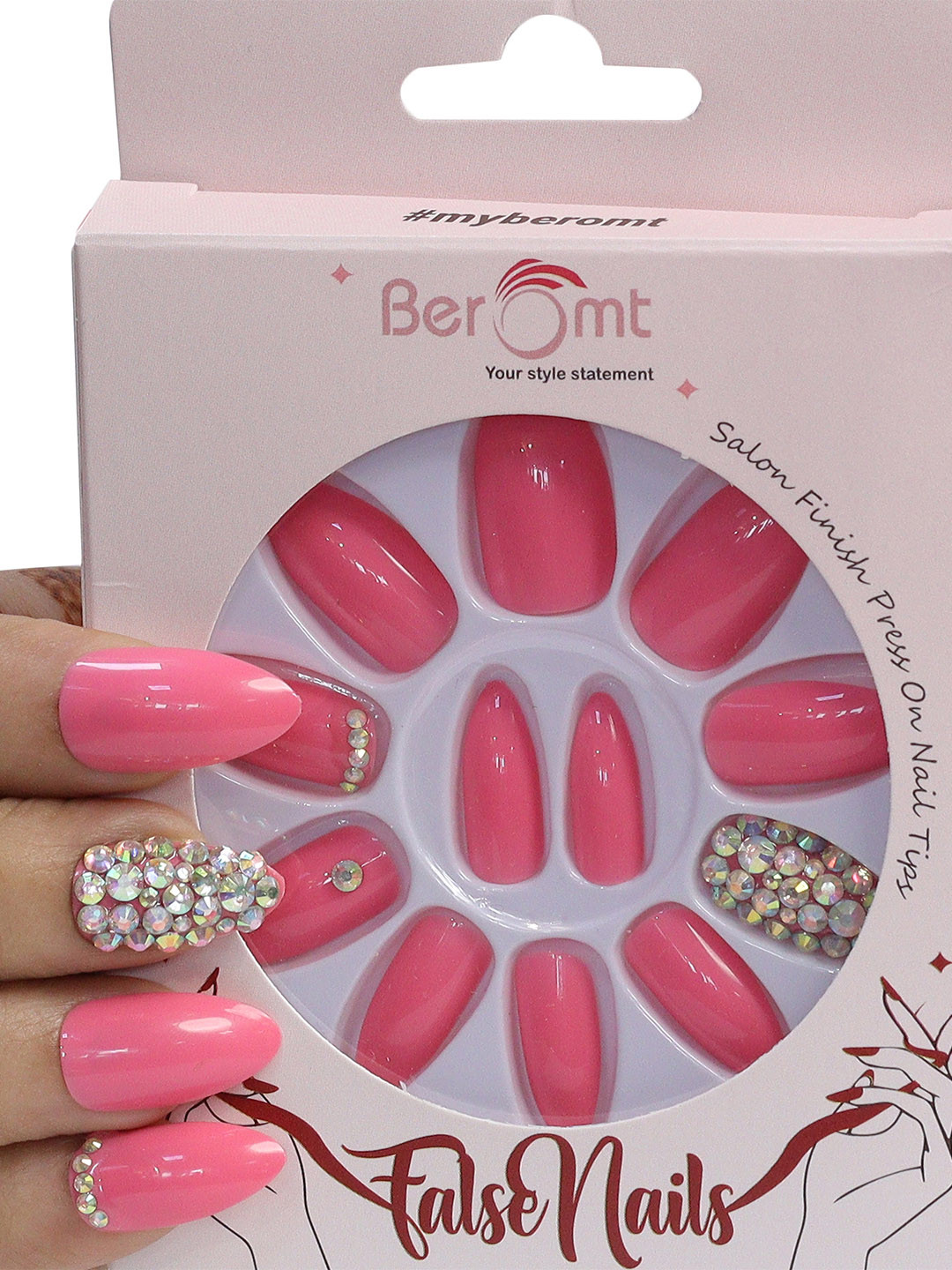 

BEROMT 12 Pcs Long-Lasting Reusable Lightweight Salon Finish Press on Nail Tips-682, Pink