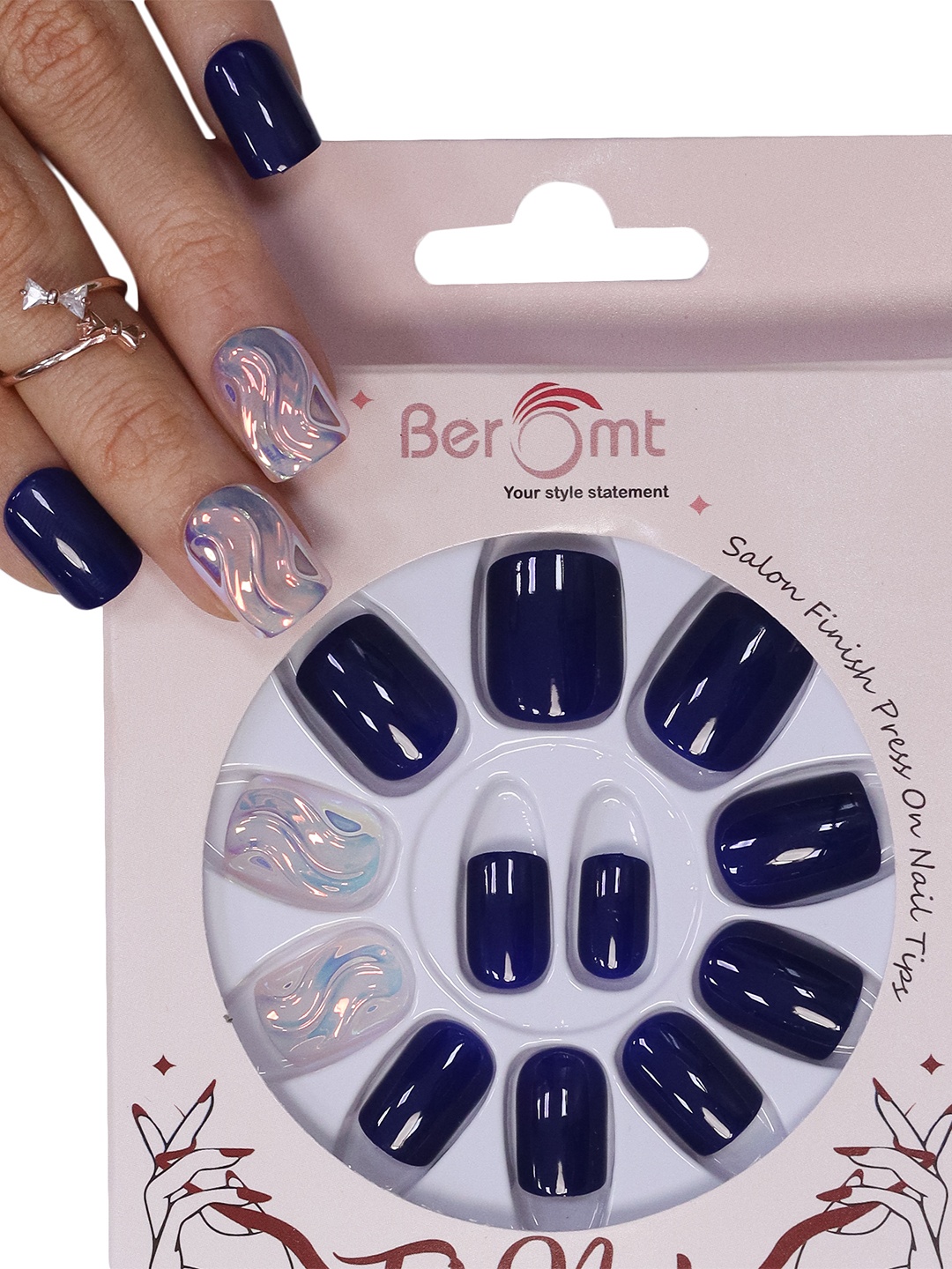 

BEROMT 12 Pcs Long-Lasting Reusable Lightweight Salon Finish Press on Nail Tips-602, Navy blue