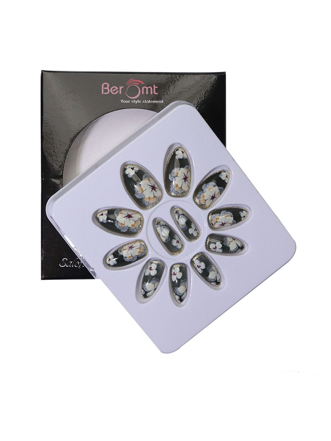 

BEROMT 12 Pcs Long-Lasting Reusable Lightweight Salon Finish Press on Nail Tips-708, Charcoal