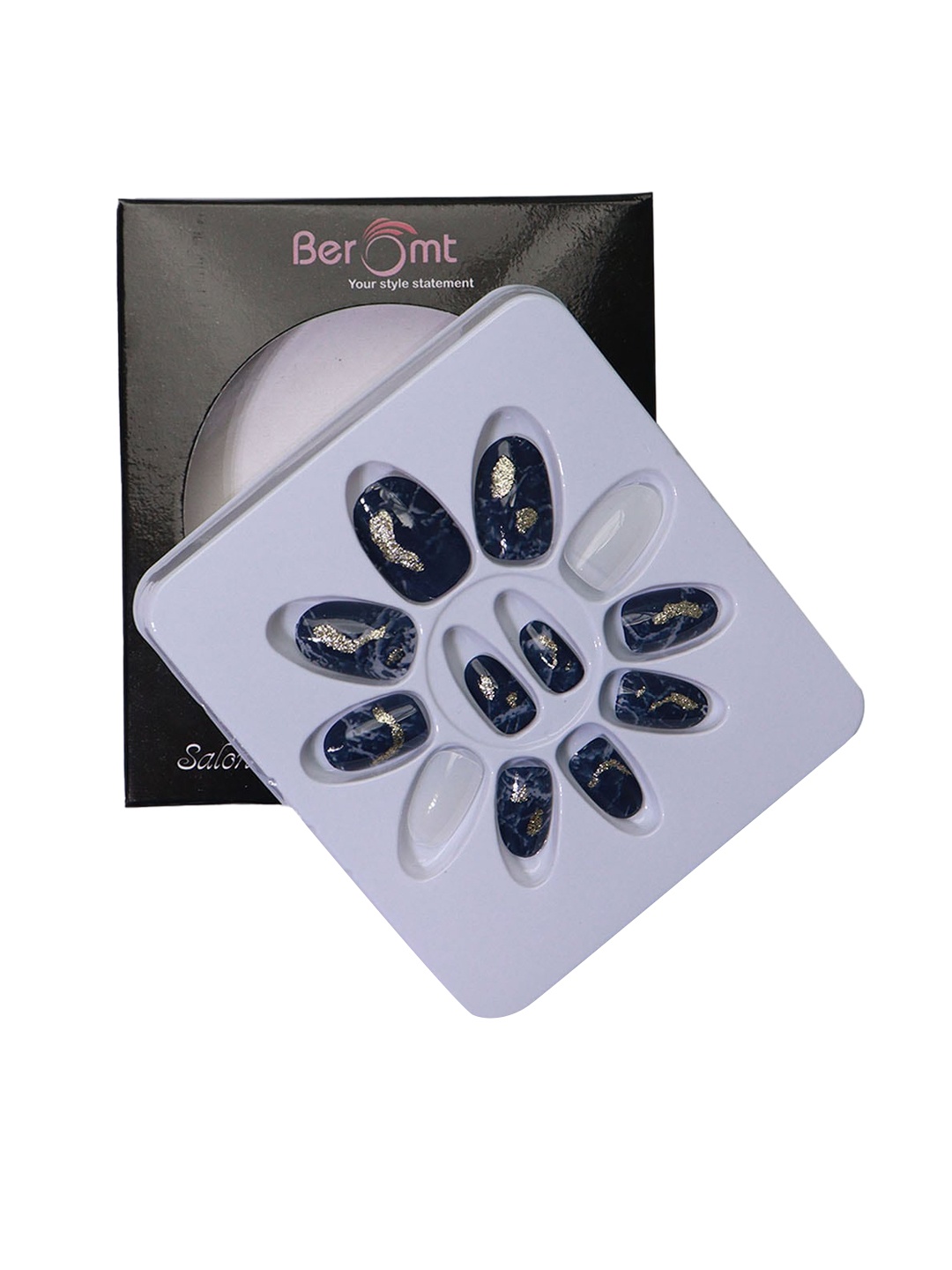 

BEROMT 12 Pcs Long-Lasting Reusable Lightweight Salon Finish Press on Nail Tips-696, Navy blue