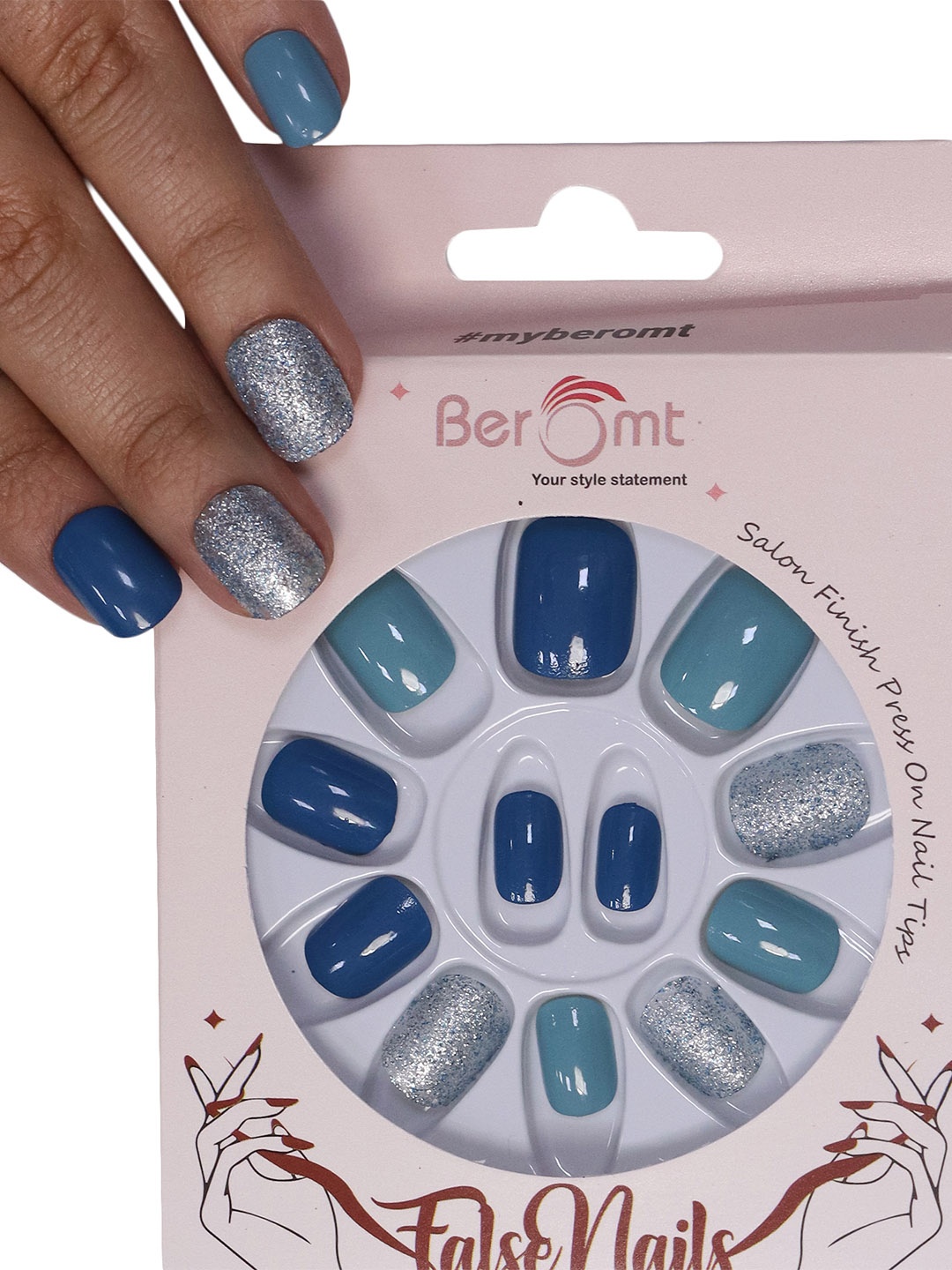

BEROMT Long-Lasting Reusable Lightweight Salon Finish Press on Nail Tips - Shade 629, Blue