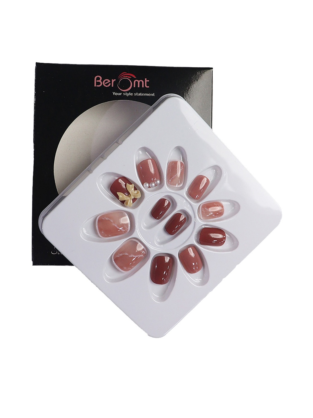 

BEROMT 12 Pcs Long-Lasting Reusable Lightweight Salon Finish Press on Nail Tips- Shade 743, Brown