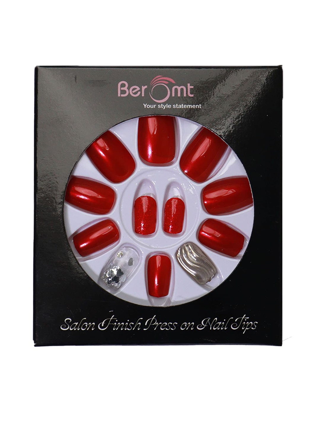 

BEROMT 12 Pcs Long-Lasting Reusable Lightweight Salon Finish Press on Nail Tips - 694, Red