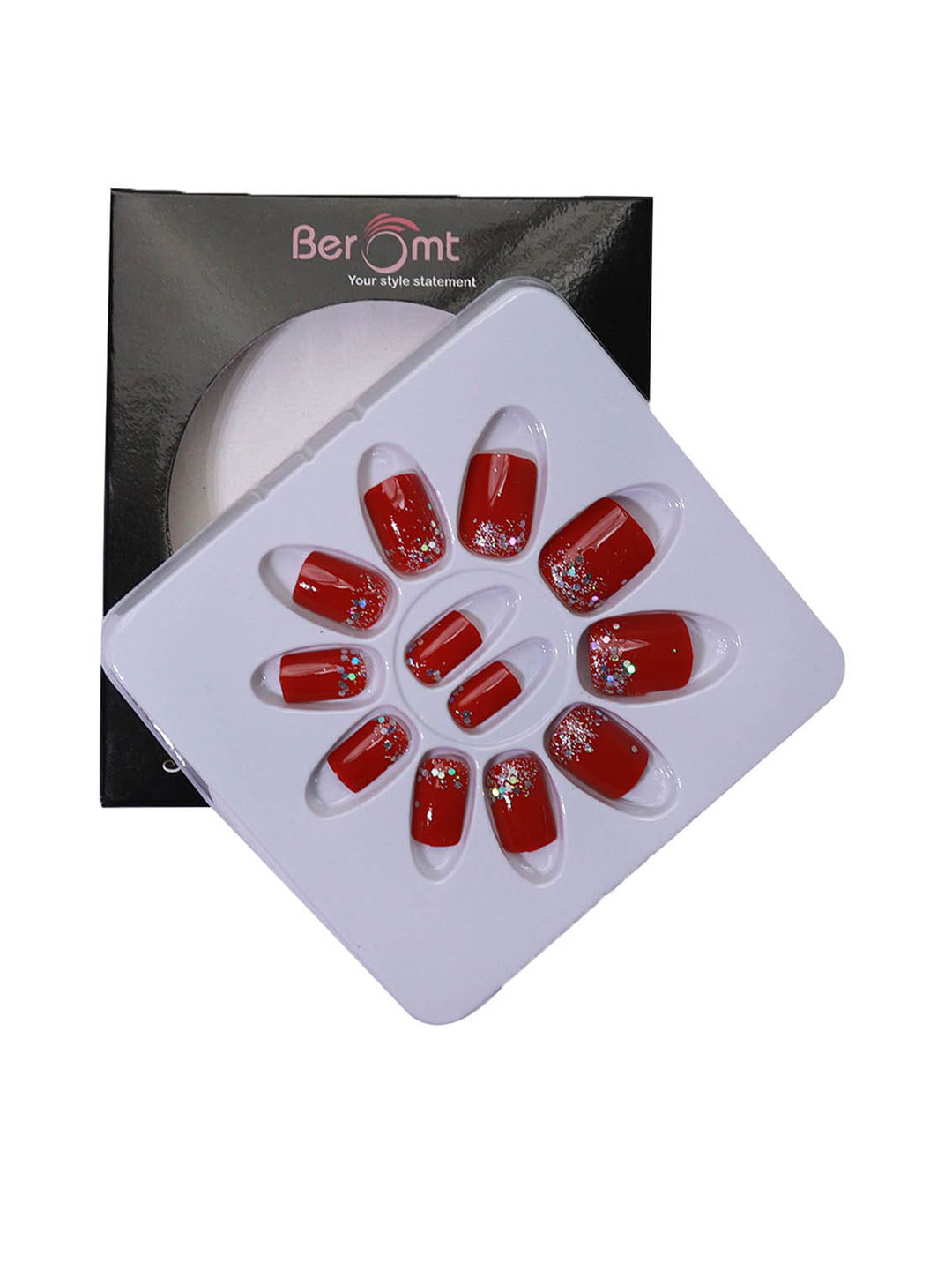 

BEROMT 12 Pcs Long-Lasting Reusable Lightweight Salon Finish Press on Nail Tips- Shade 722, Red