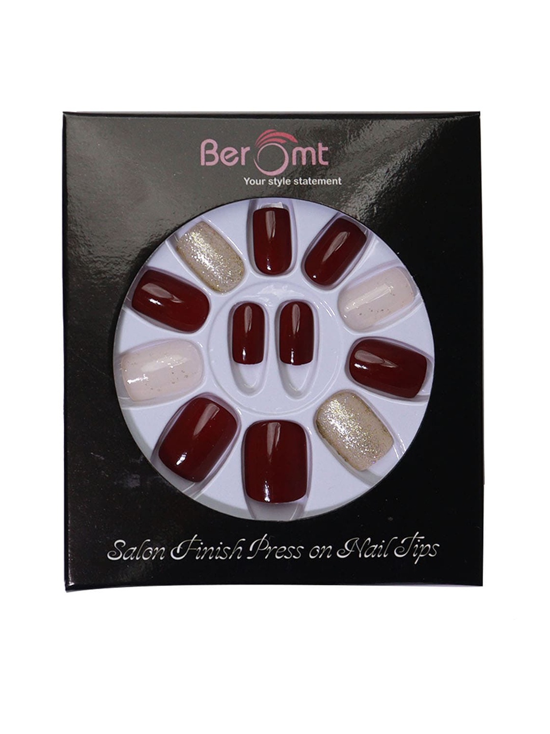 

BEROMT 12 Pcs Long-Lasting Reusable Lightweight Salon Finish Press on Nail Tips - 697, Maroon