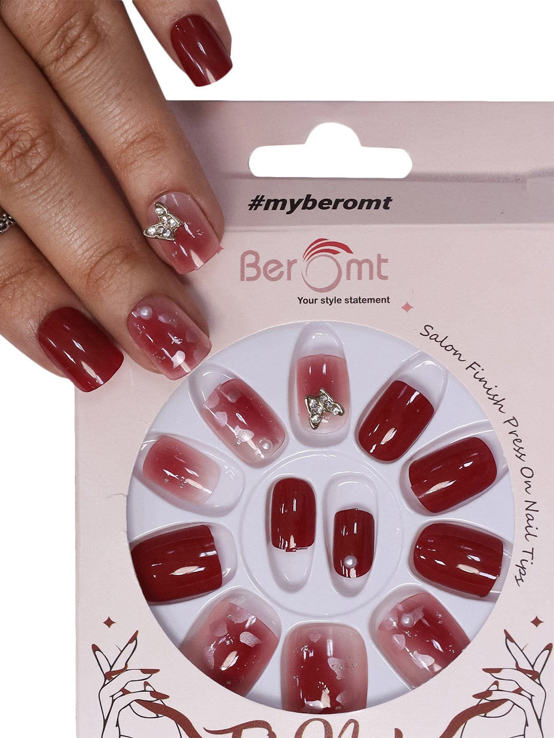 

BEROMT Salon Finish Bridal & Party Press-On False Nail Tips Kit - Shade 756, Red