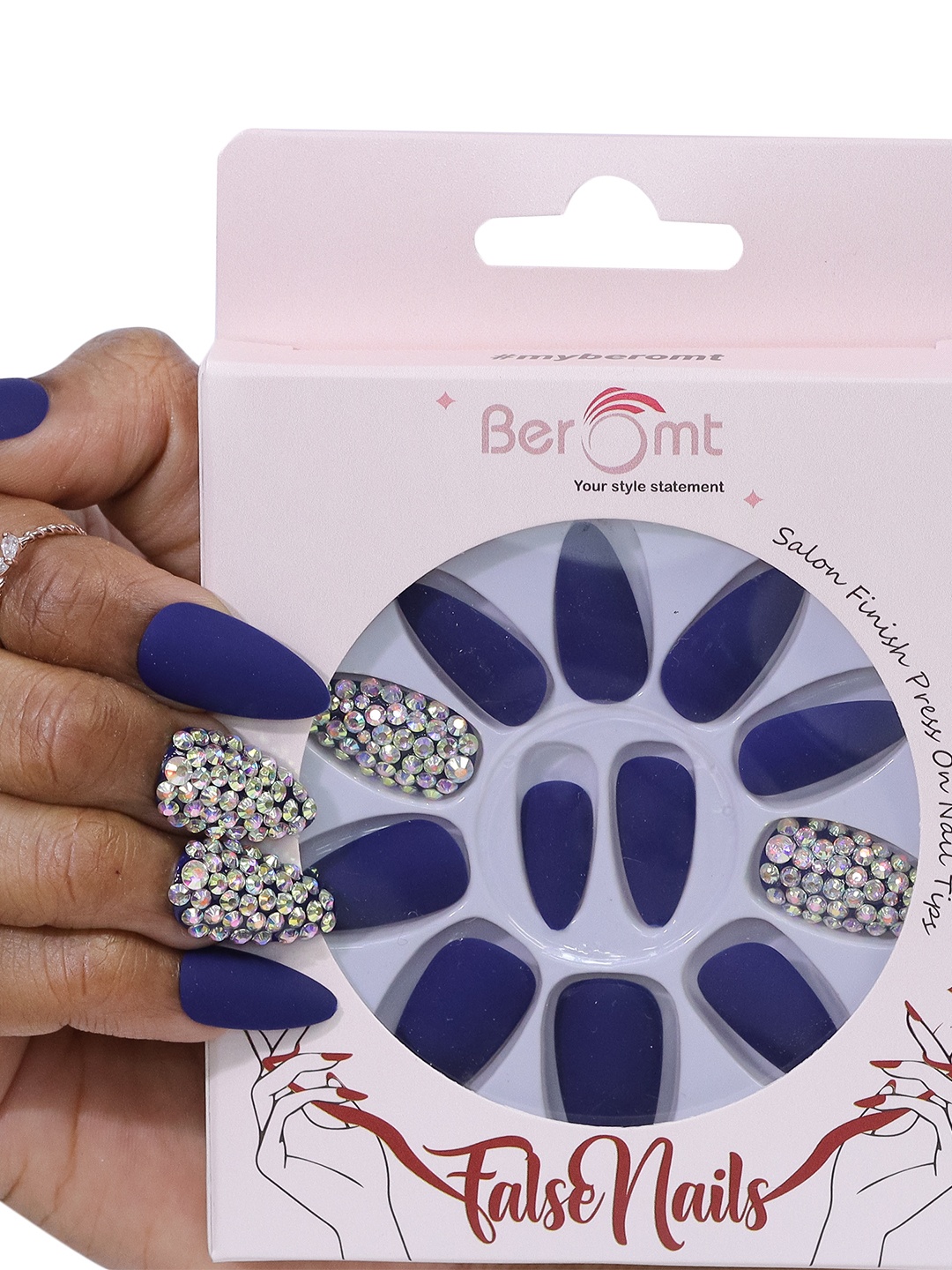 

BEROMT Salon Finish Bridal & Party Press-On False Nail Tips Kit - Shade 679, Navy blue