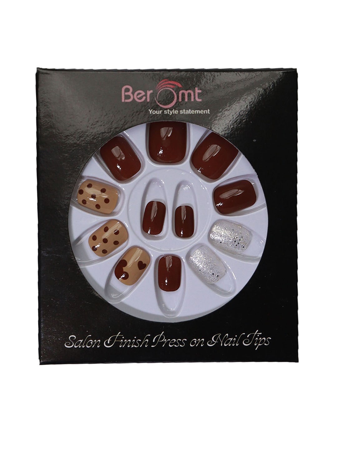 

BEROMT 12 Pcs Long-Lasting Reusable Lightweight Salon Finish Press on Nail Tips- Shade 735, Maroon