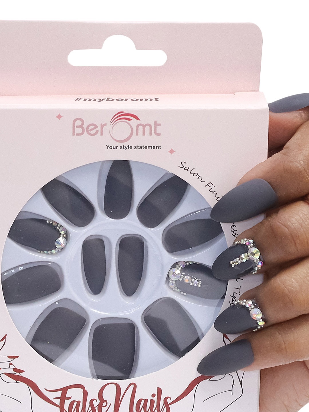 

BEROMT Salon Finish Bridal & Party Press-On False Nail Tips Kit - Shade 664, Black