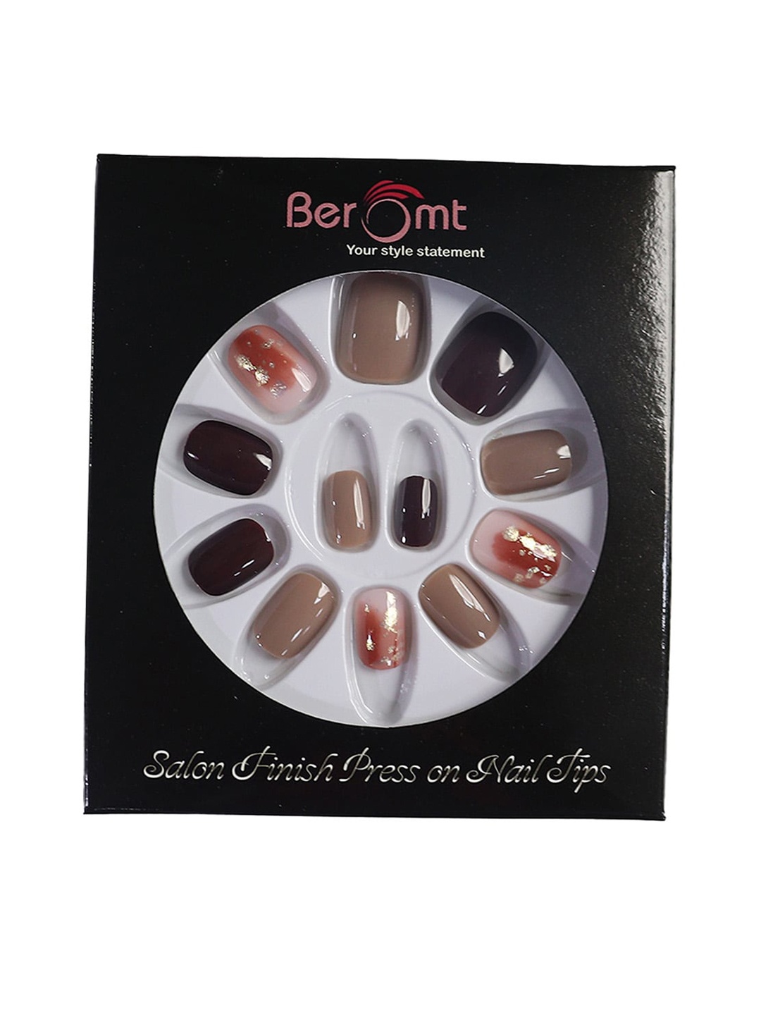 

BEROMT 12 Pcs Long-Lasting Reusable Lightweight Salon Finish Press on Nail Tips- Shade 747, Brown