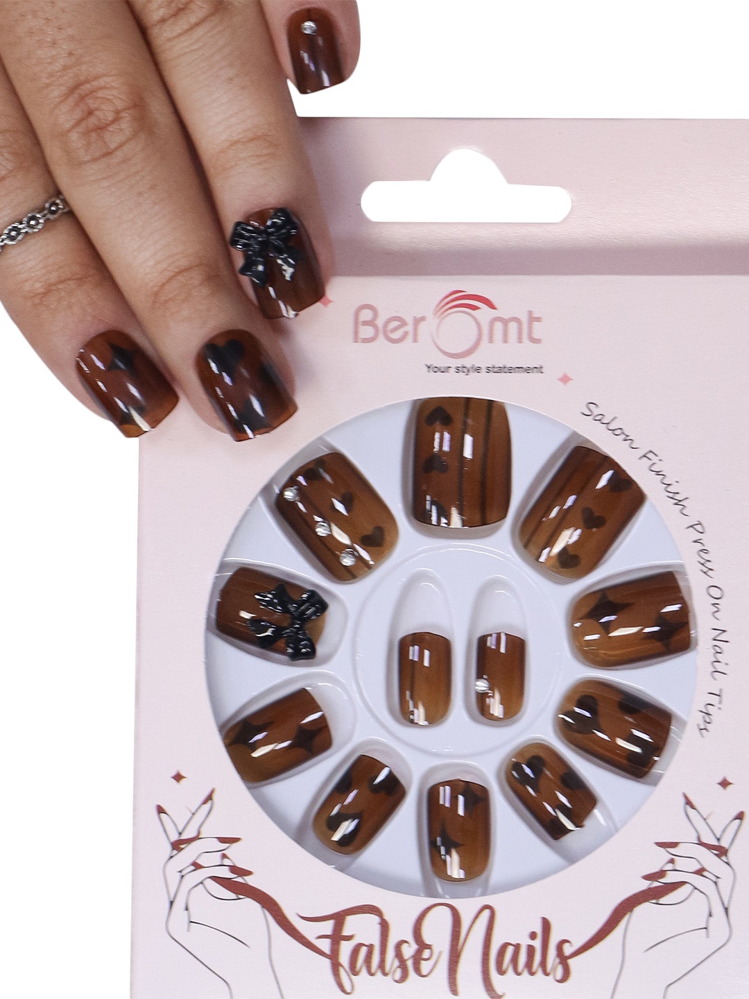 

BEROMT 12 Pcs Long-Lasting Reusable Lightweight Salon Finish Press on Nail Tips- Shade 744, Brown