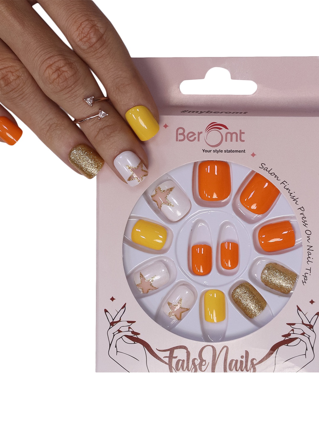 

BEROMT Long-Lasting Reusable Lightweight Salon Finish Press on Nail Tips - Shade 611, Orange