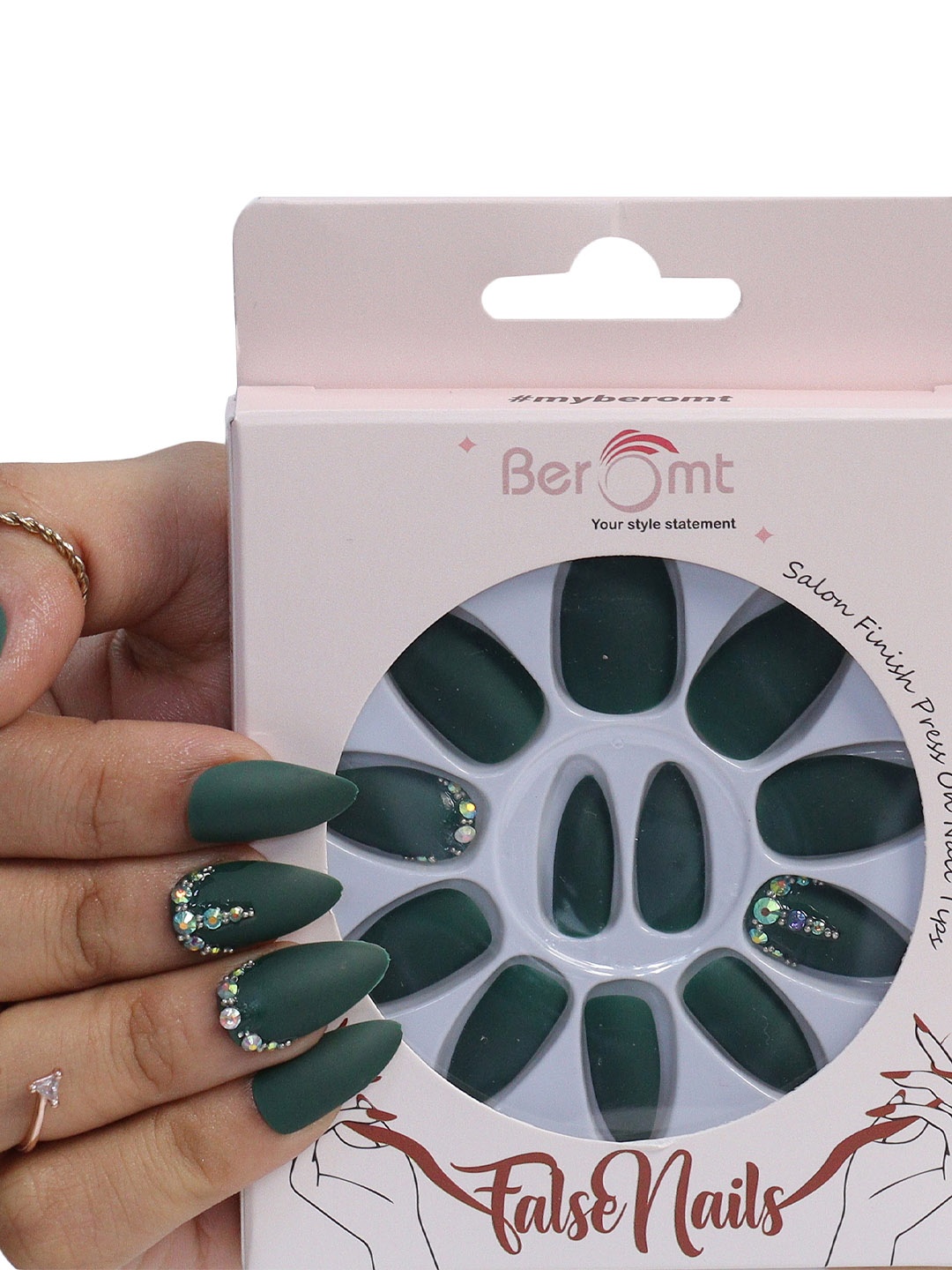 

BEROMT Salon Finish Bridal & Party Press-On False Nail Tips Kit - Shade 661, Green