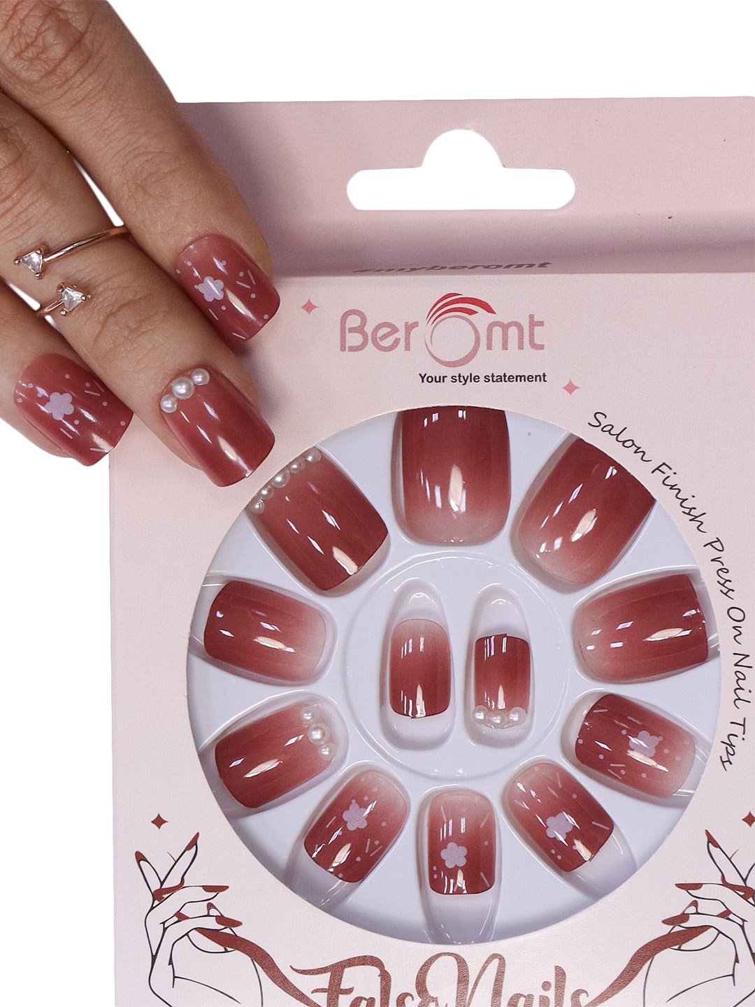 

BEROMT 12 Pcs Long-Lasting Reusable Lightweight Salon Finish Press on Nail Tips - 764, Brown