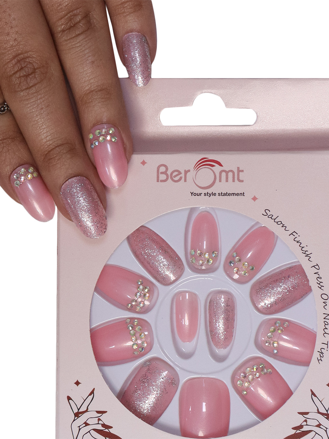 

BEROMT 12 Pcs Long-Lasting Reusable Lightweight Salon Finish Press on Nail Tips - 687, Pink