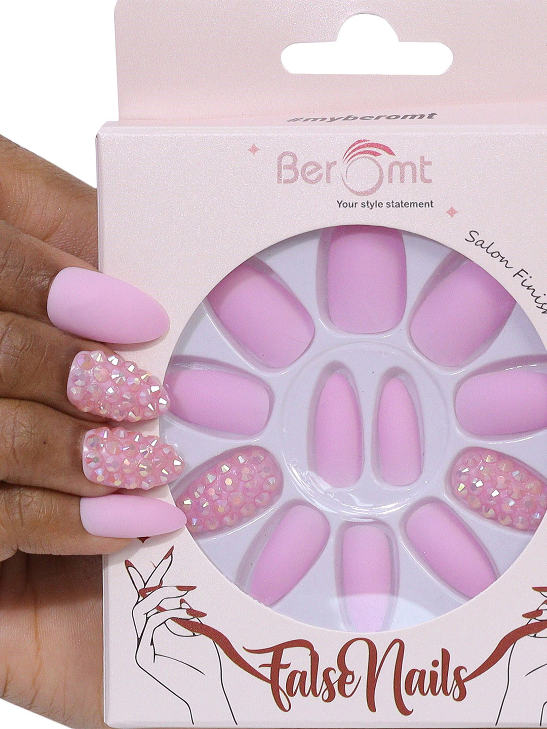 

BEROMT Salon Finish Bridal & Party Press-On False Nail Tips Kit - Shade 672, Pink