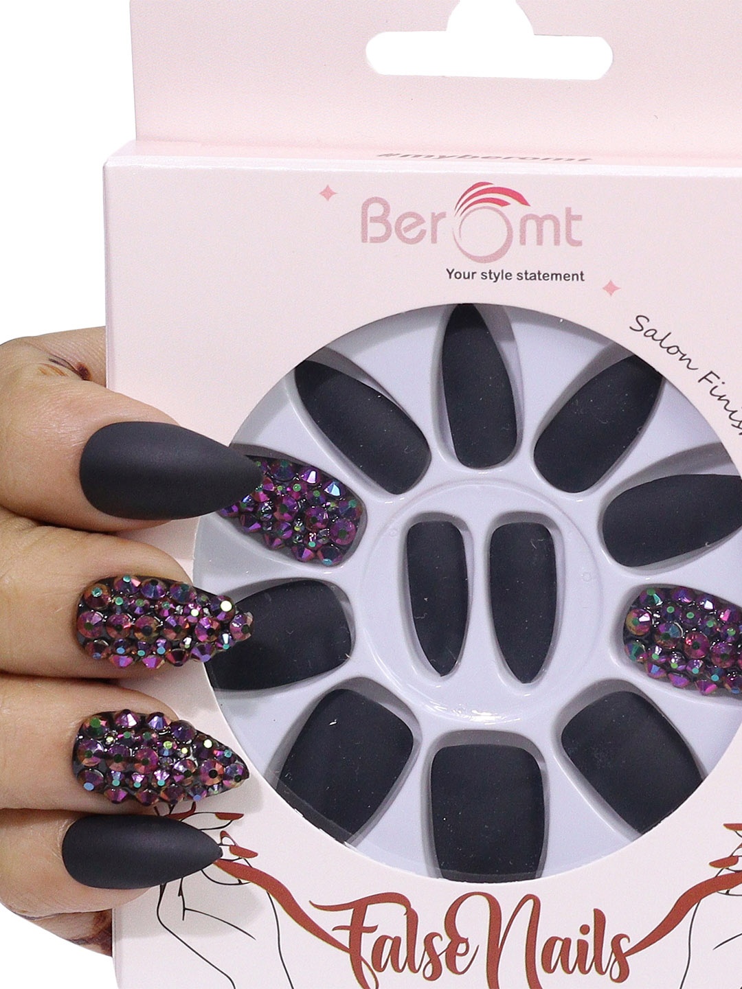 

BEROMT 12 Pcs Long-Lasting Reusable Lightweight Salon Finish Press on Nail Tips-604, Black