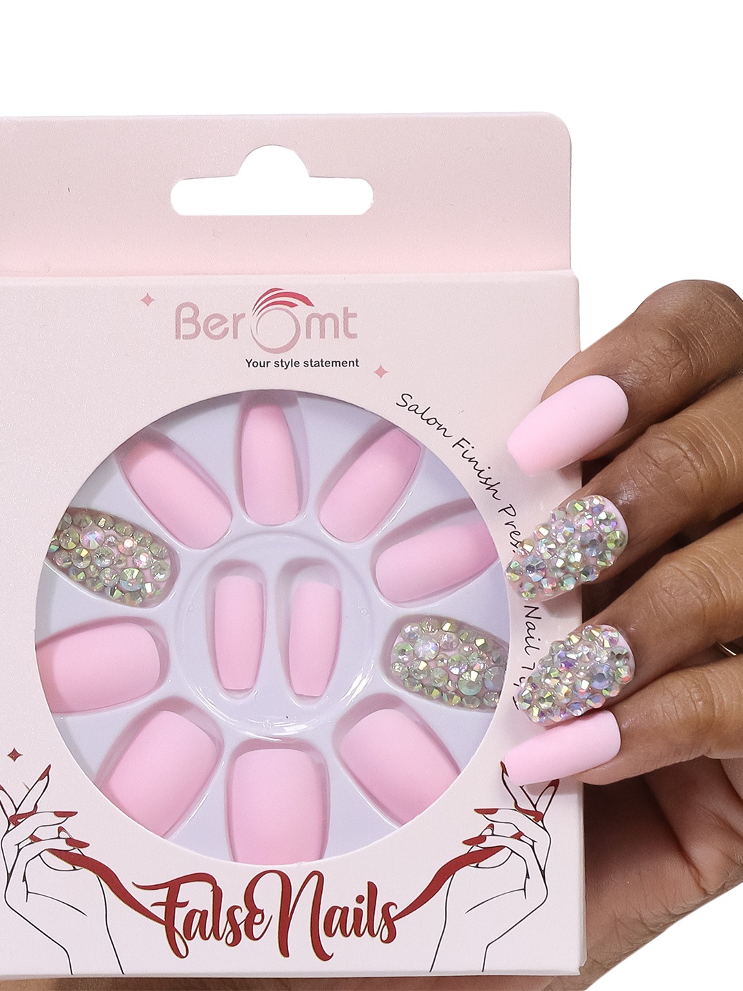 

BEROMT Salon Finish Bridal & Party Press-On False Nail Tips Kit - Shade 678, Pink