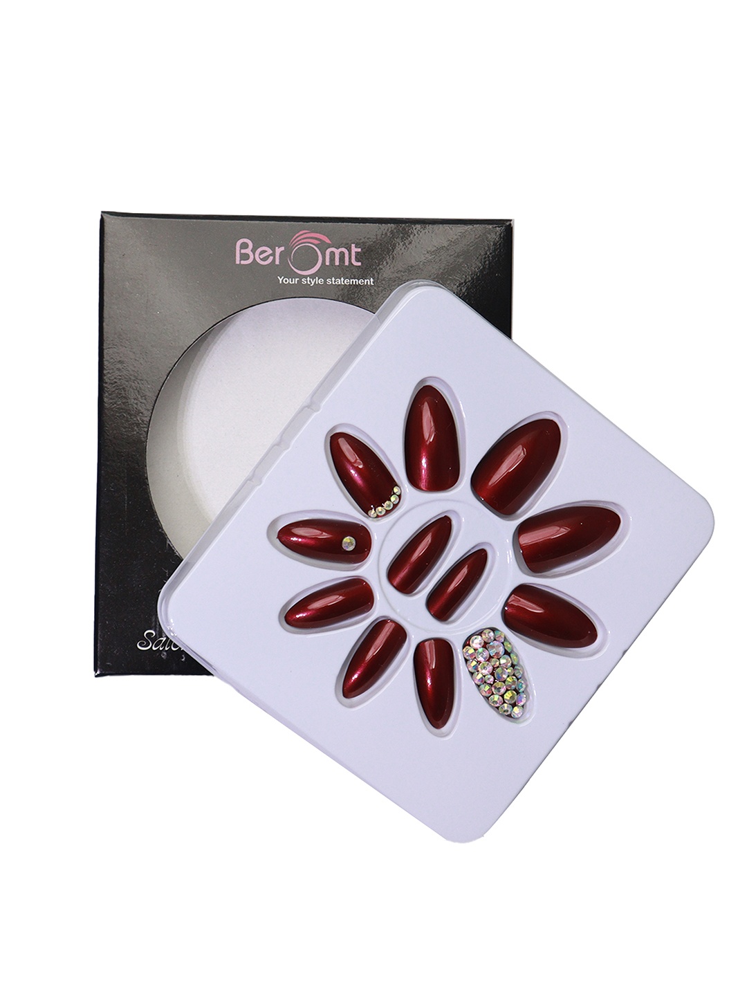 

BEROMT 12 Pcs Long-Lasting Reusable Lightweight Salon Finish Press on Nail Tips - 681, Maroon