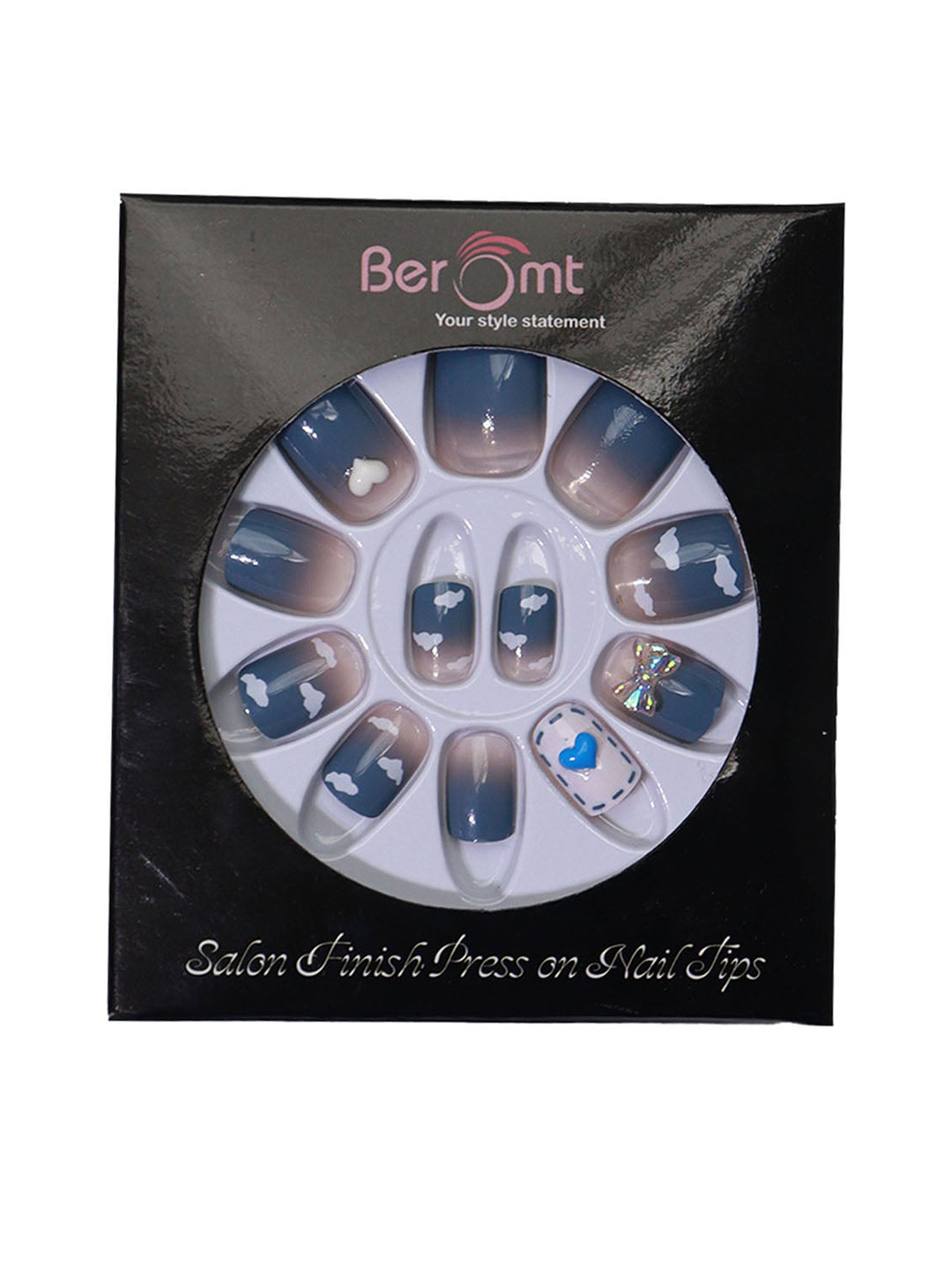 

BEROMT 12 Pcs Long-Lasting Reusable Lightweight Salon Finish Press on Nail Tips- Shade 718, Blue