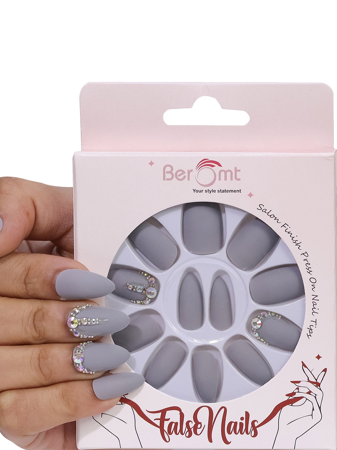 

BEROMT Salon Finish Bridal & Party Press-On False Nail Tips Kit - Shade 662, Grey