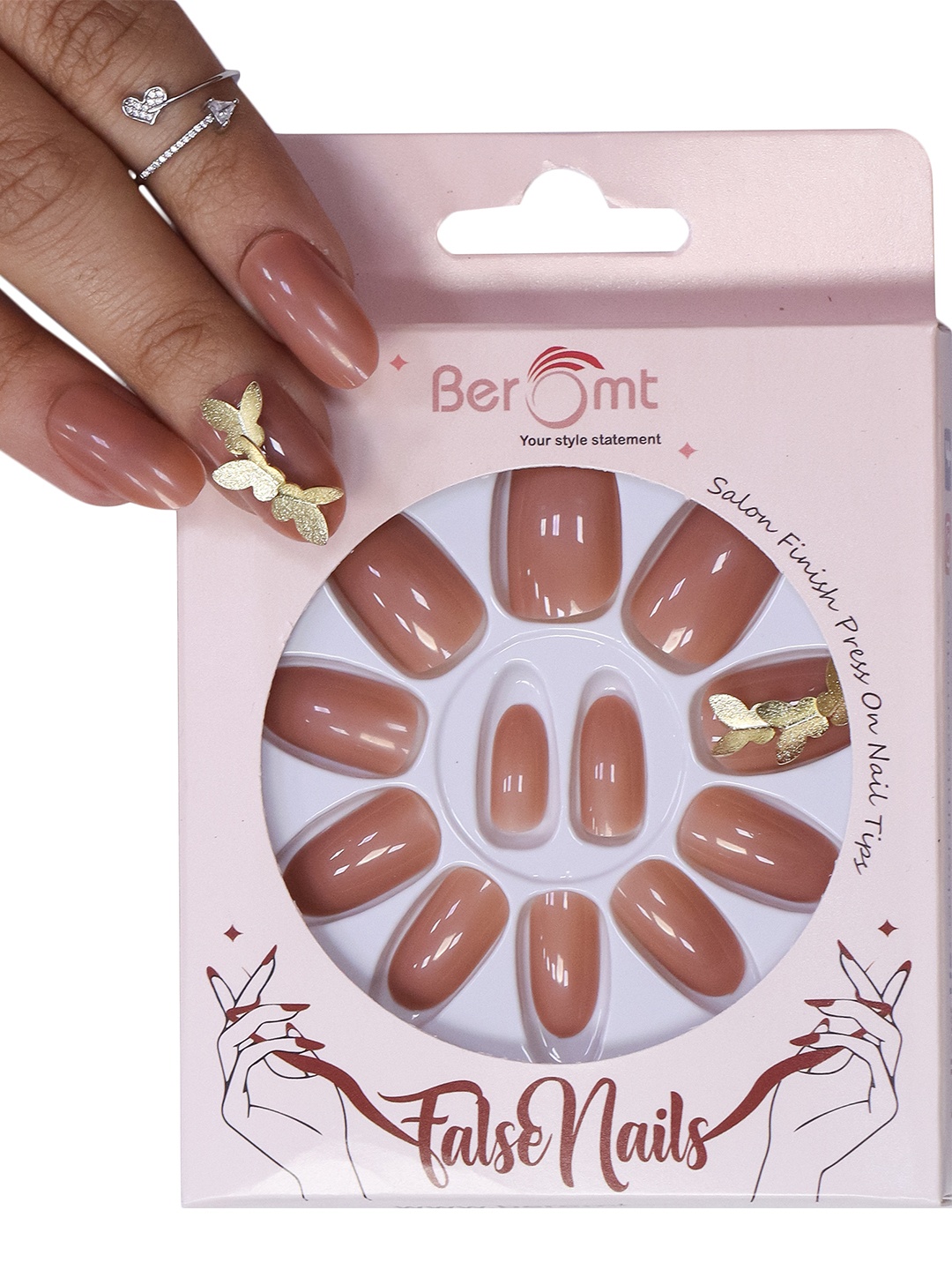 

BEROMT 12 Pcs Long-Lasting Reusable Lightweight Salon Finish Press on Nail Tips- Shade 742, Brown