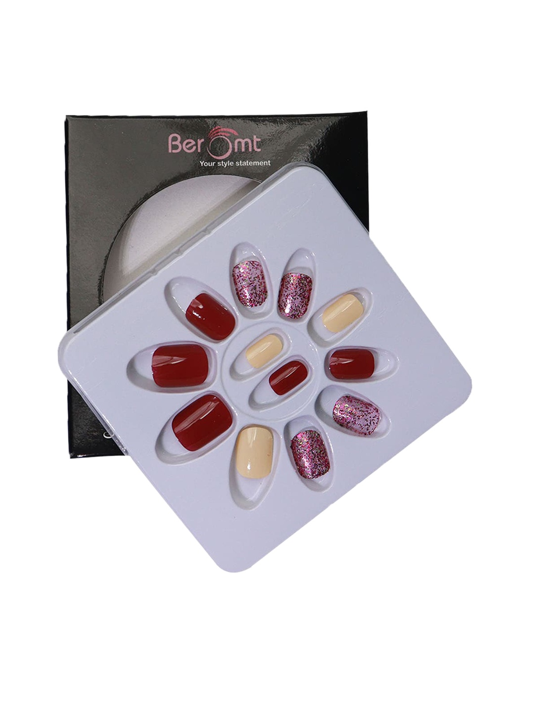 

BEROMT 12 Pcs Long-Lasting Reusable Lightweight Salon Finish Press on Nail Tips- Shade 730, Red