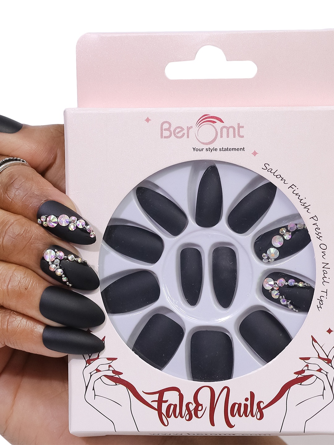 

BEROMT 12 Pcs Long-Lasting Reusable Lightweight Salon Finish Press on Nail Tips - 686, Black