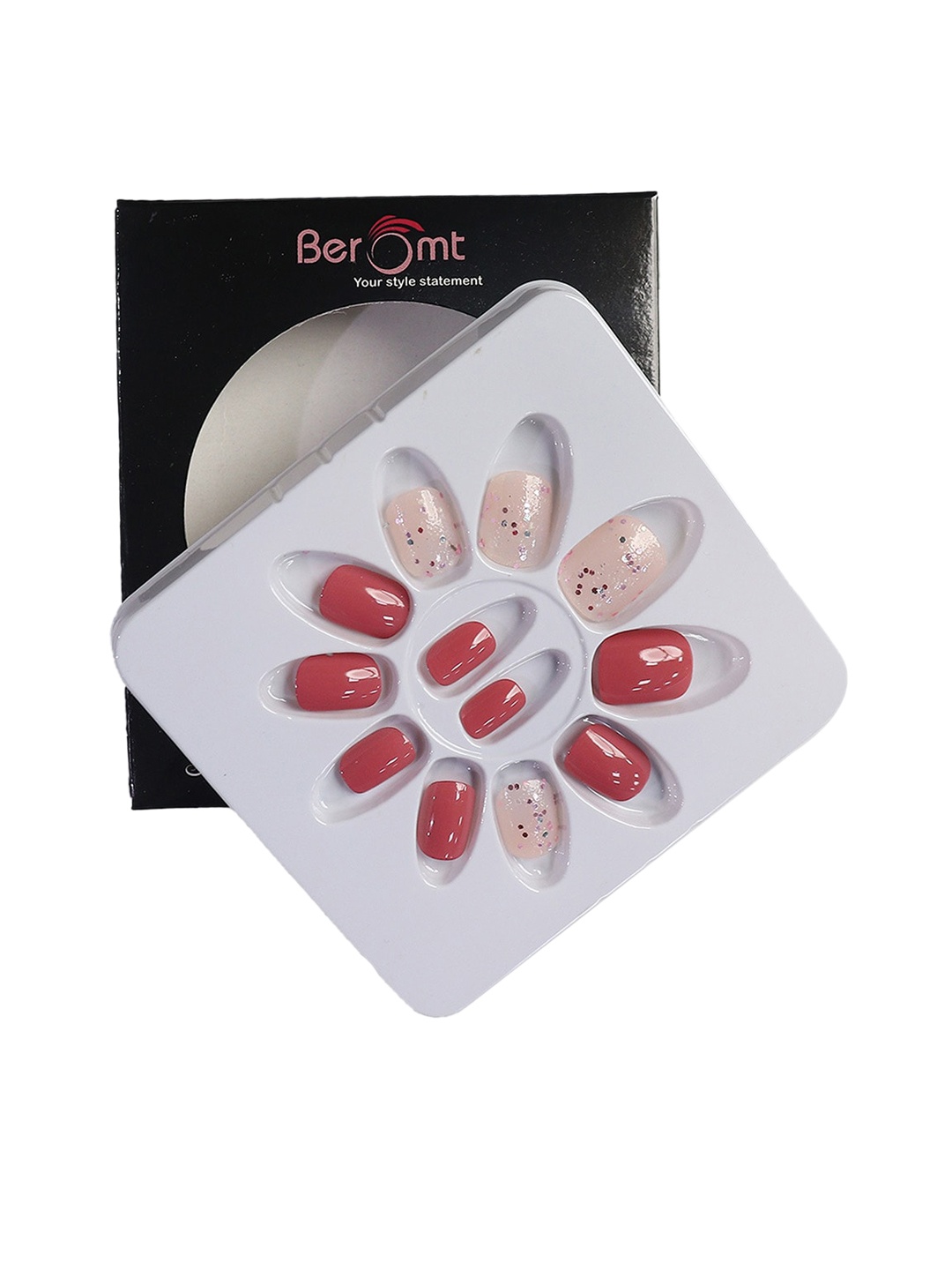 

BEROMT 12 Pcs Long-Lasting Reusable Lightweight Salon Finish Press on Nail Tips- Shade 748, Pink