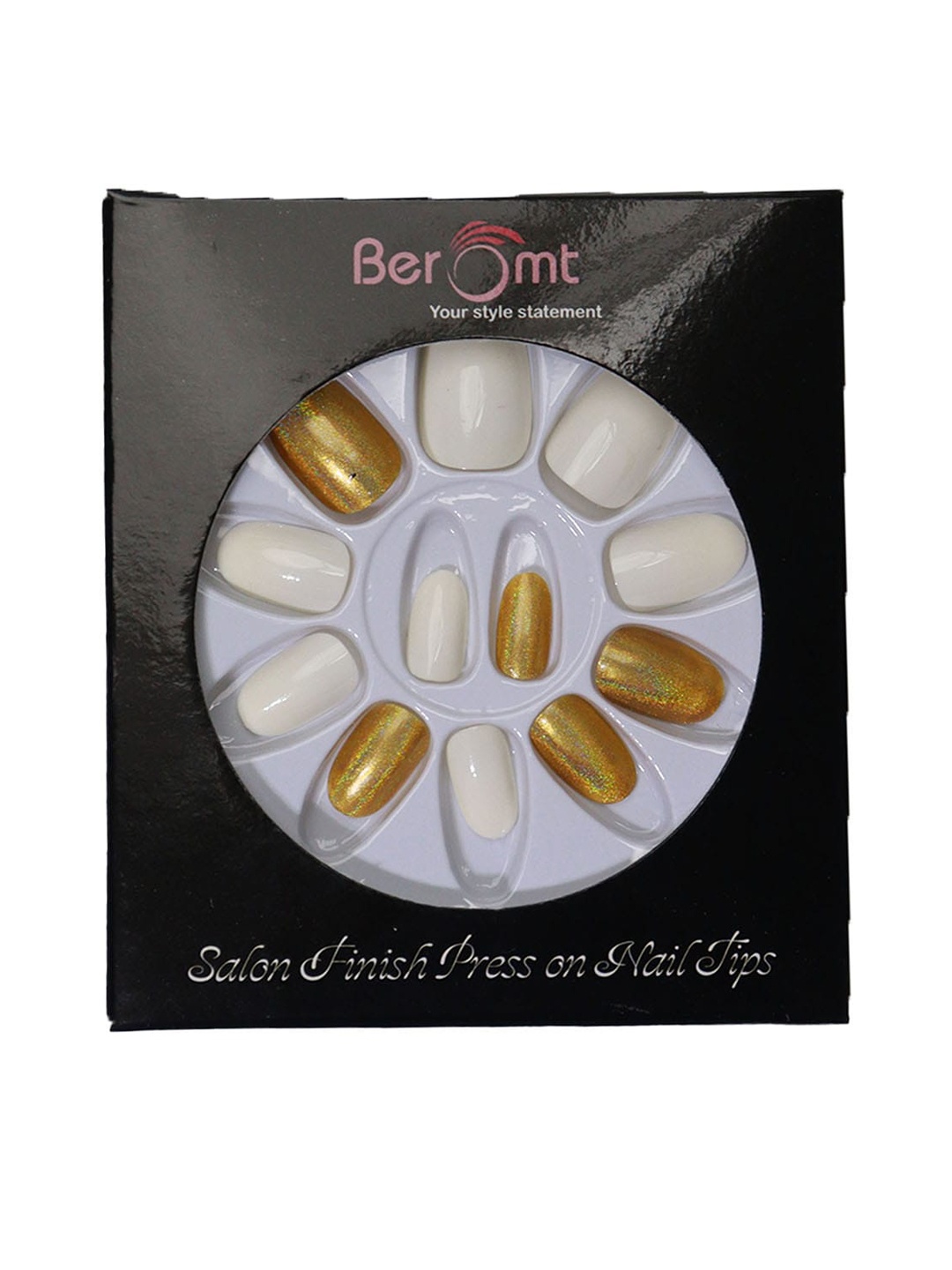 

BEROMT 12 Pcs Long-Lasting Reusable Lightweight Salon Finish Press on Nail Tips- Shade 736, Gold