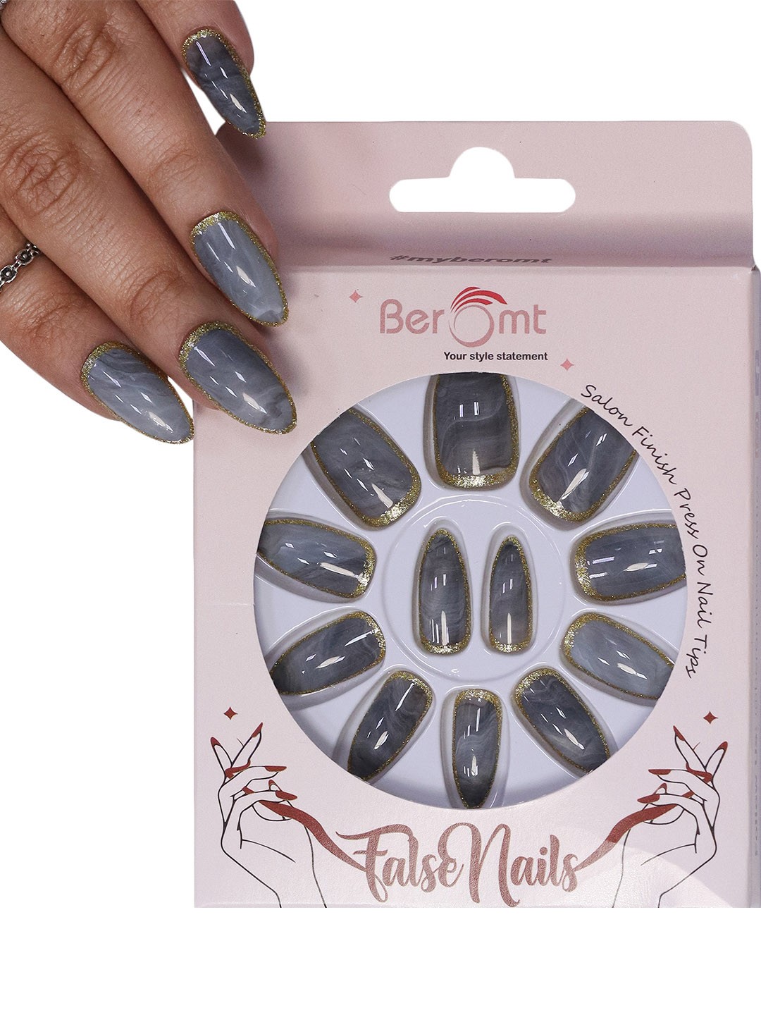 

BEROMT Long-Lasting Reusable Lightweight Salon Finish Press on Nail Tips - Shade 610, Grey