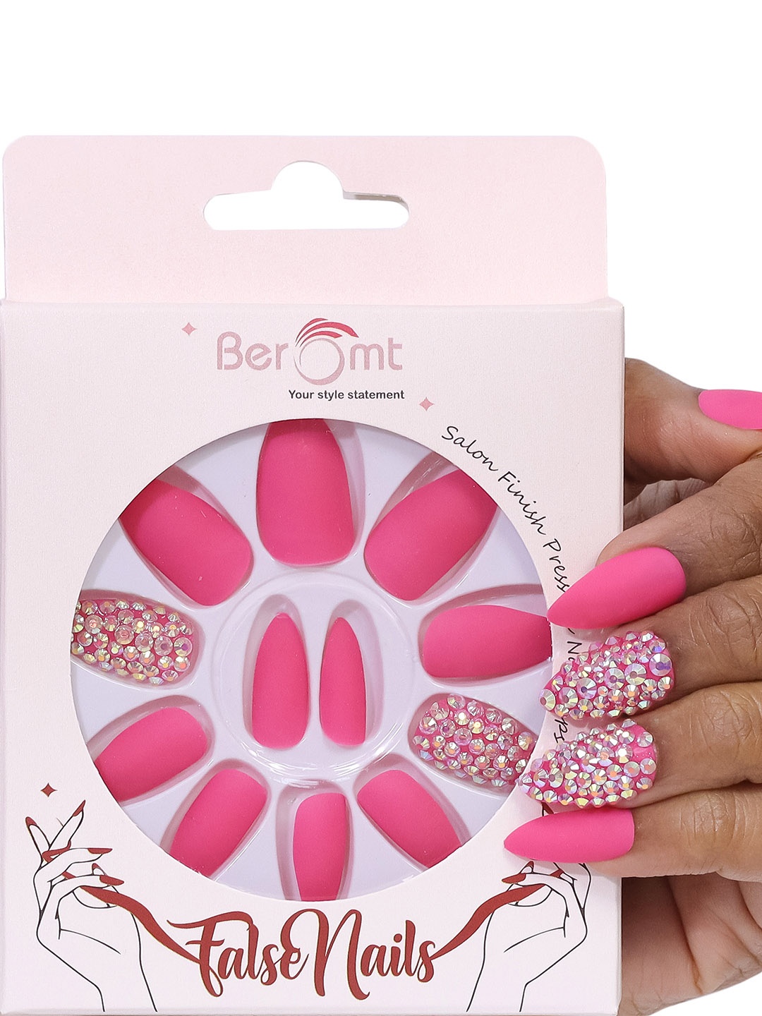 

BEROMT Salon Finish Bridal & Party Press-On False Nail Tips Kit - Shade 668, Pink