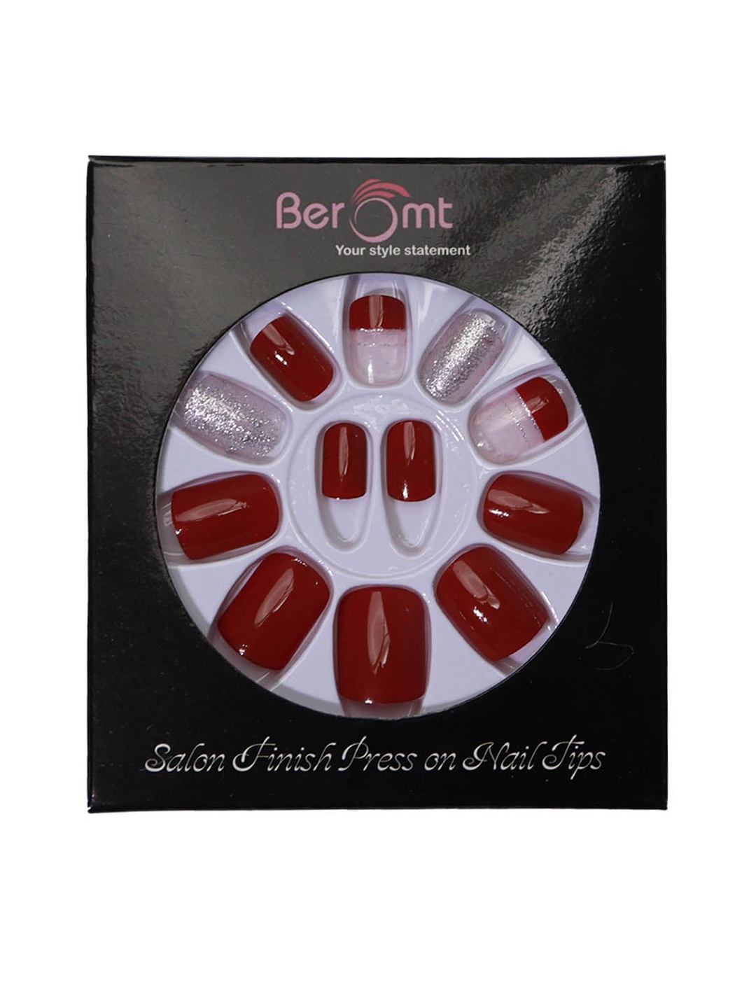 

BEROMT 12 Pcs Long-Lasting Reusable Lightweight Salon Finish Press on Nail Tips- Shade 727, Maroon